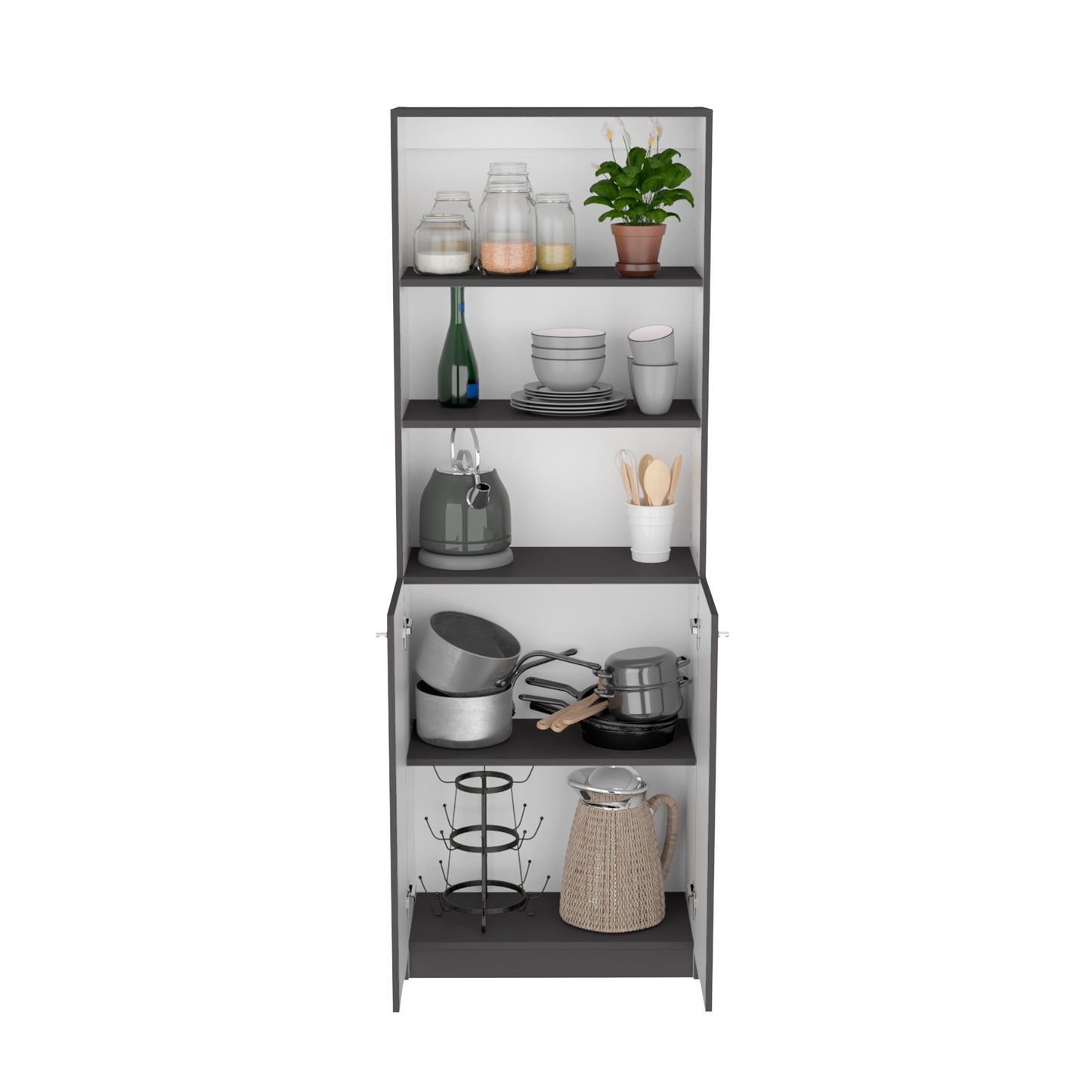 Modern kitchen cabinet featuring glass jars with dry ingredients on the top shelf