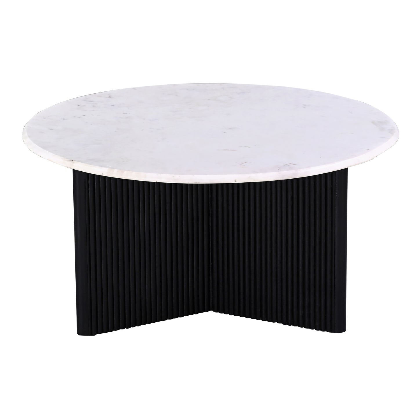 Round marble coffee table with a ribbed black base