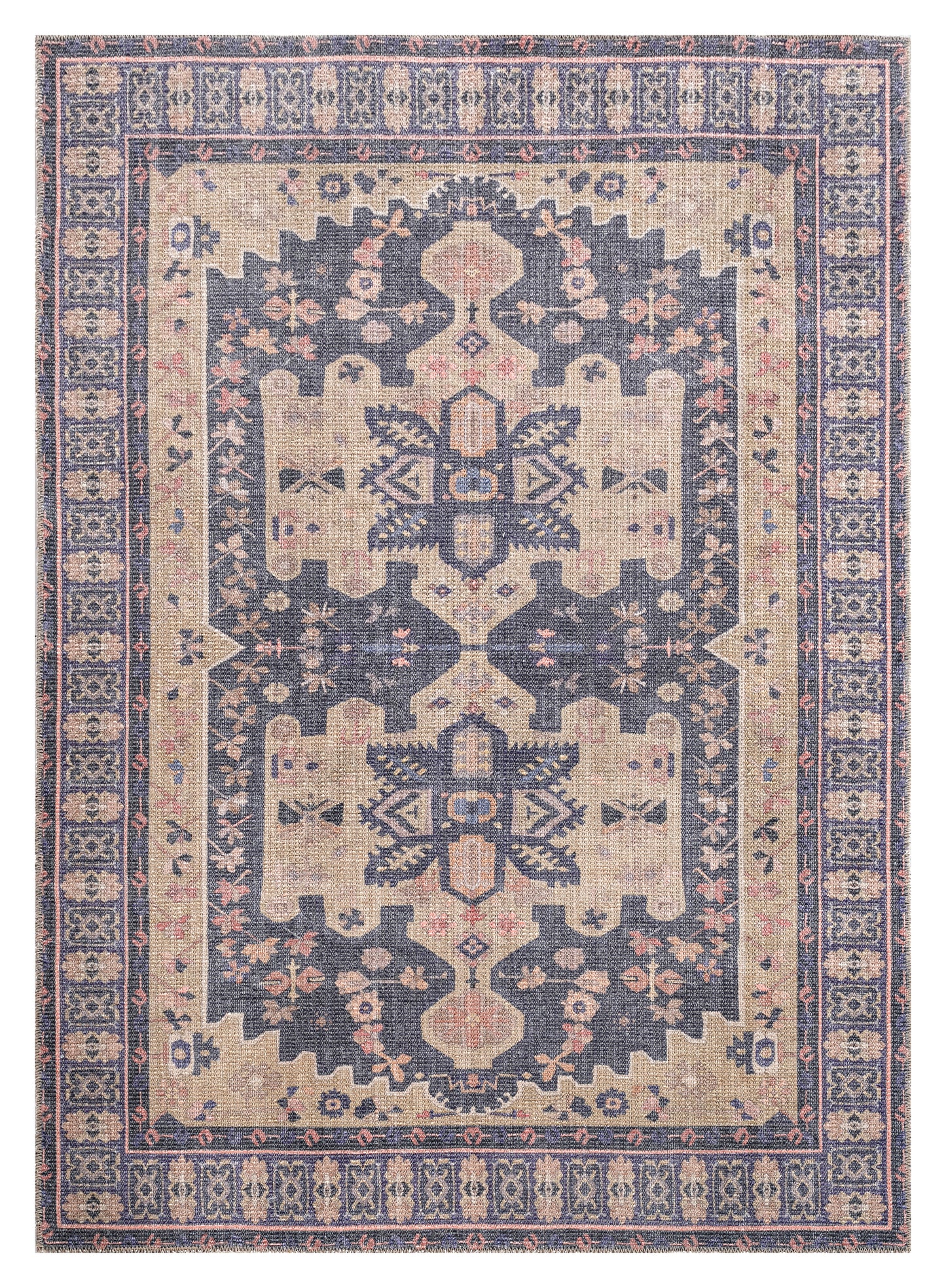 Navy blue and beige distressed oriental rug with intricate geometric patterns