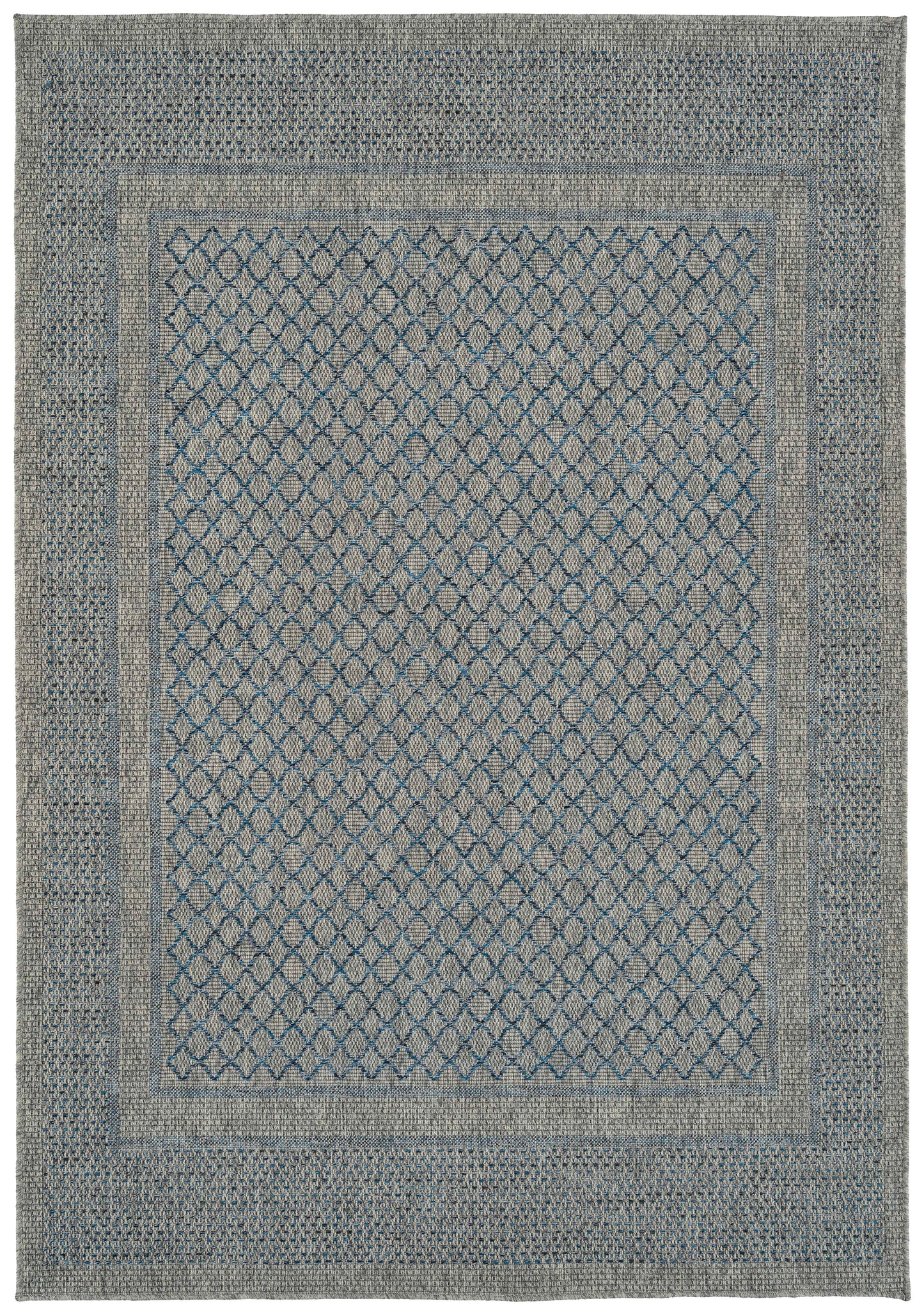 Gray and blue woven area rug with diamond pattern border