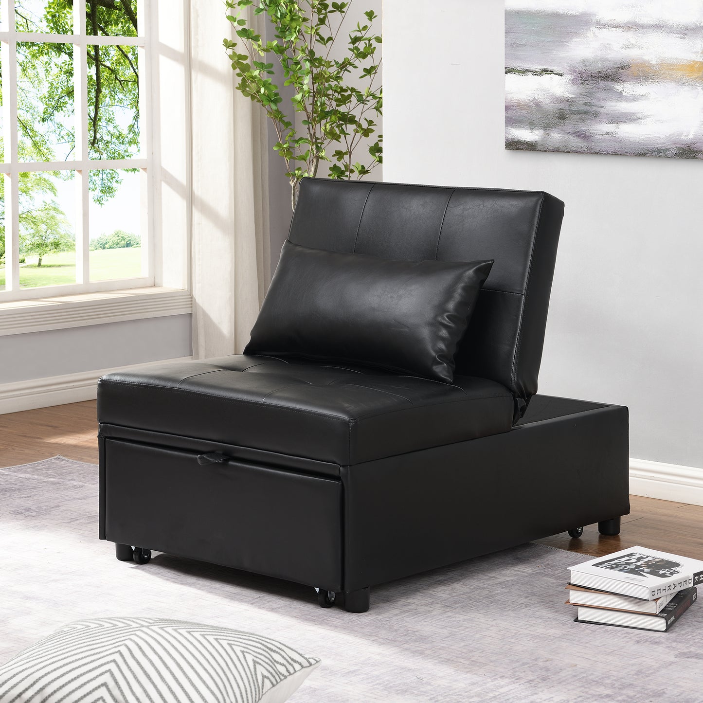 Black faux leather armchair sleeper with tufted back and hidden storage compartment