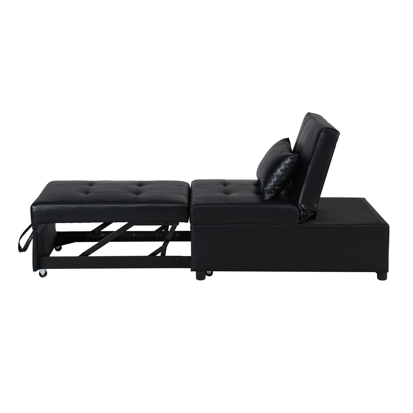 Black faux leather futon sofa with pullout ottoman and tufted cushions