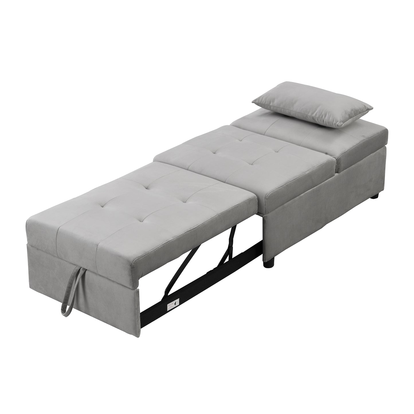Gray velvet sofa bed extended with pullout ottoman perfect for small spaces