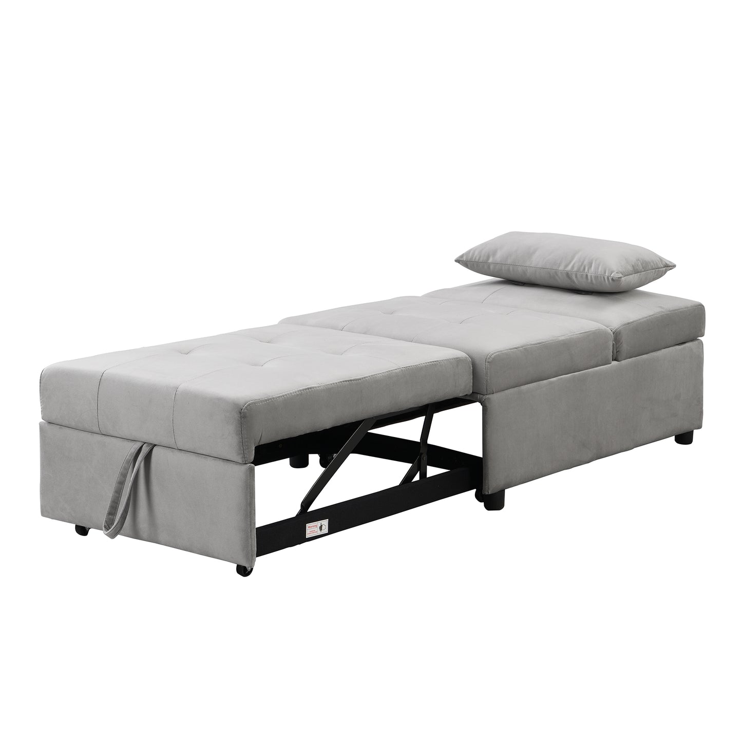 Gray upholstered convertible sofa bed with hidden storage and pullout extension