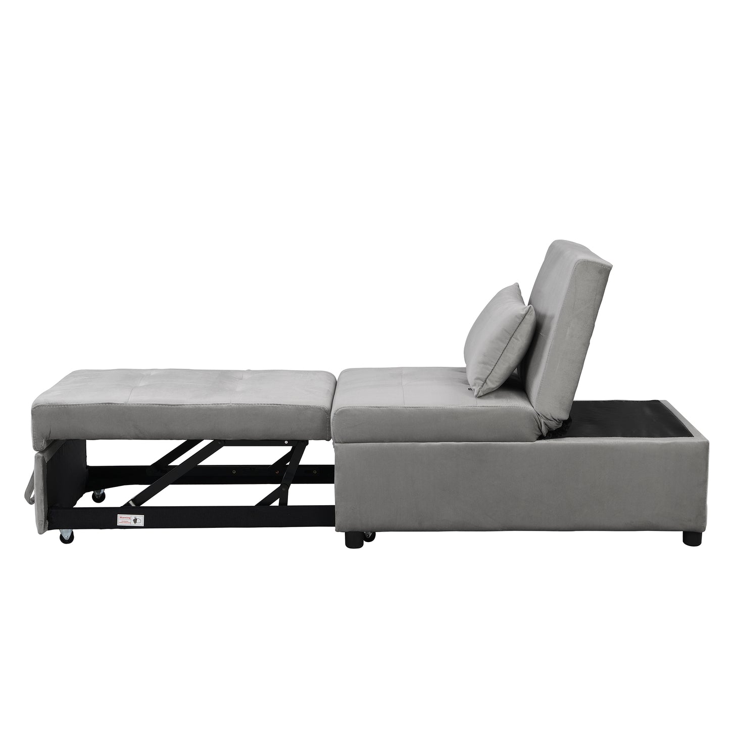 Grey velvet convertible sofa bed with hidden storage compartment and pullout ottoman