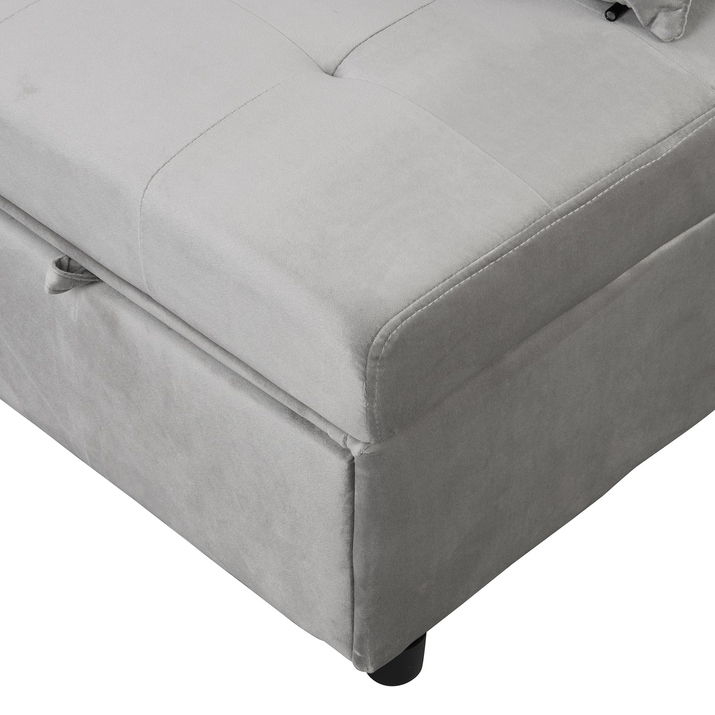 Gray velvet upholstered ottoman with tufted top and hidden storage compartment ideal for living rooms