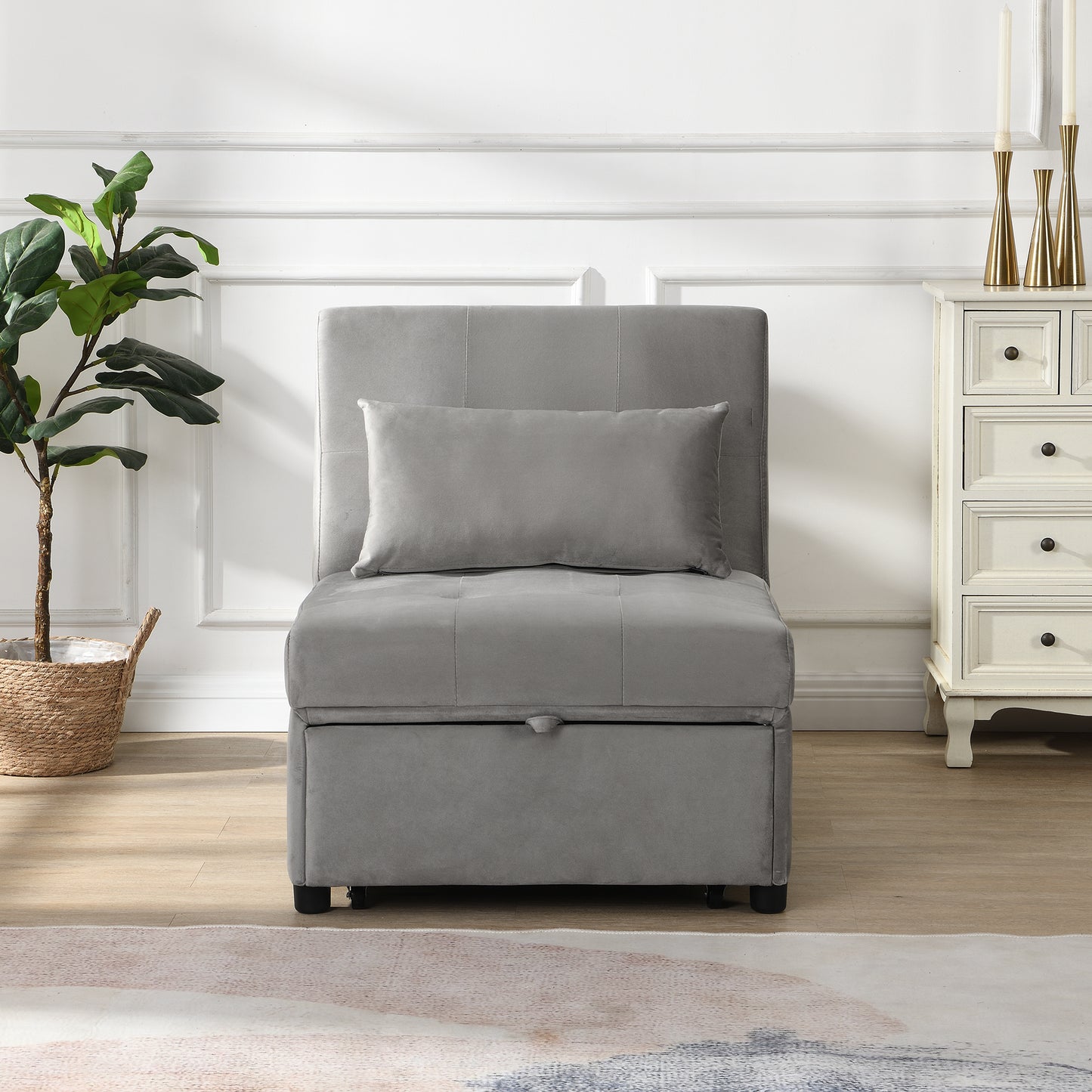 Gray velvet convertible chair with hidden storage for small spaces