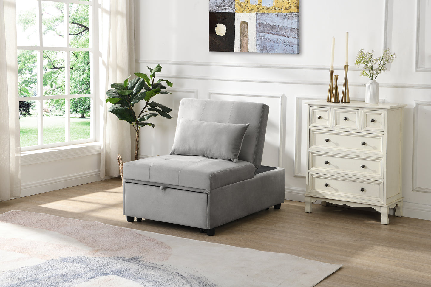 Gray velvet sleeper chair with storage perfect for small apartments