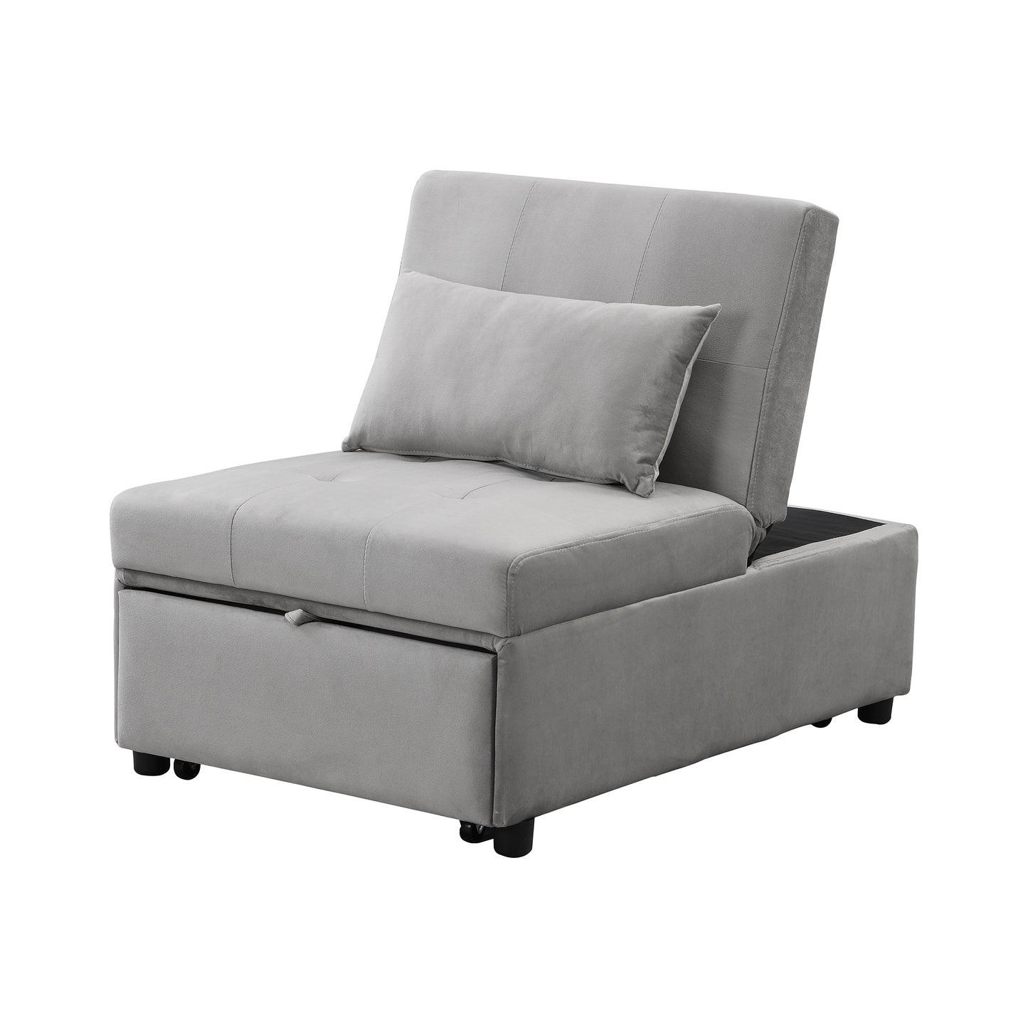 Gray velvet convertible armchair with hidden storage ideal for small spaces