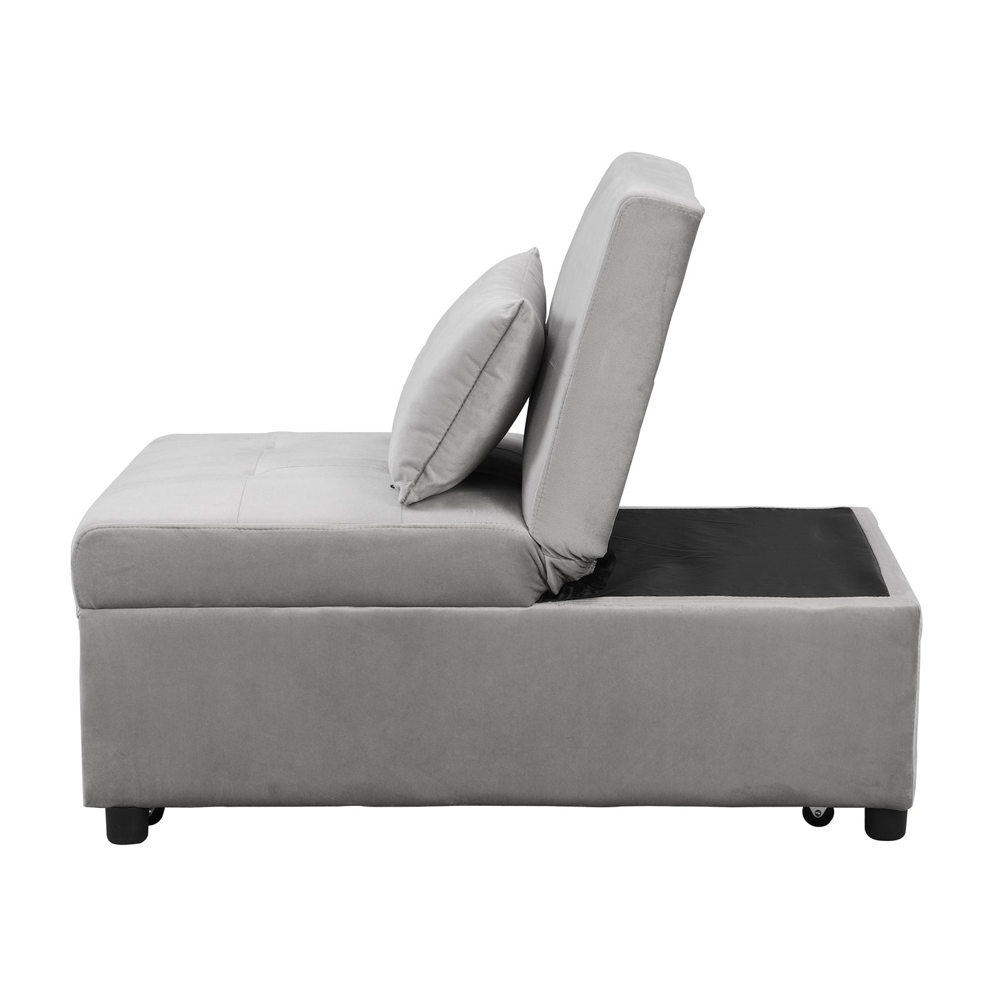 Grey velvet storage ottoman with open lid showing interior compartment and a back pillow