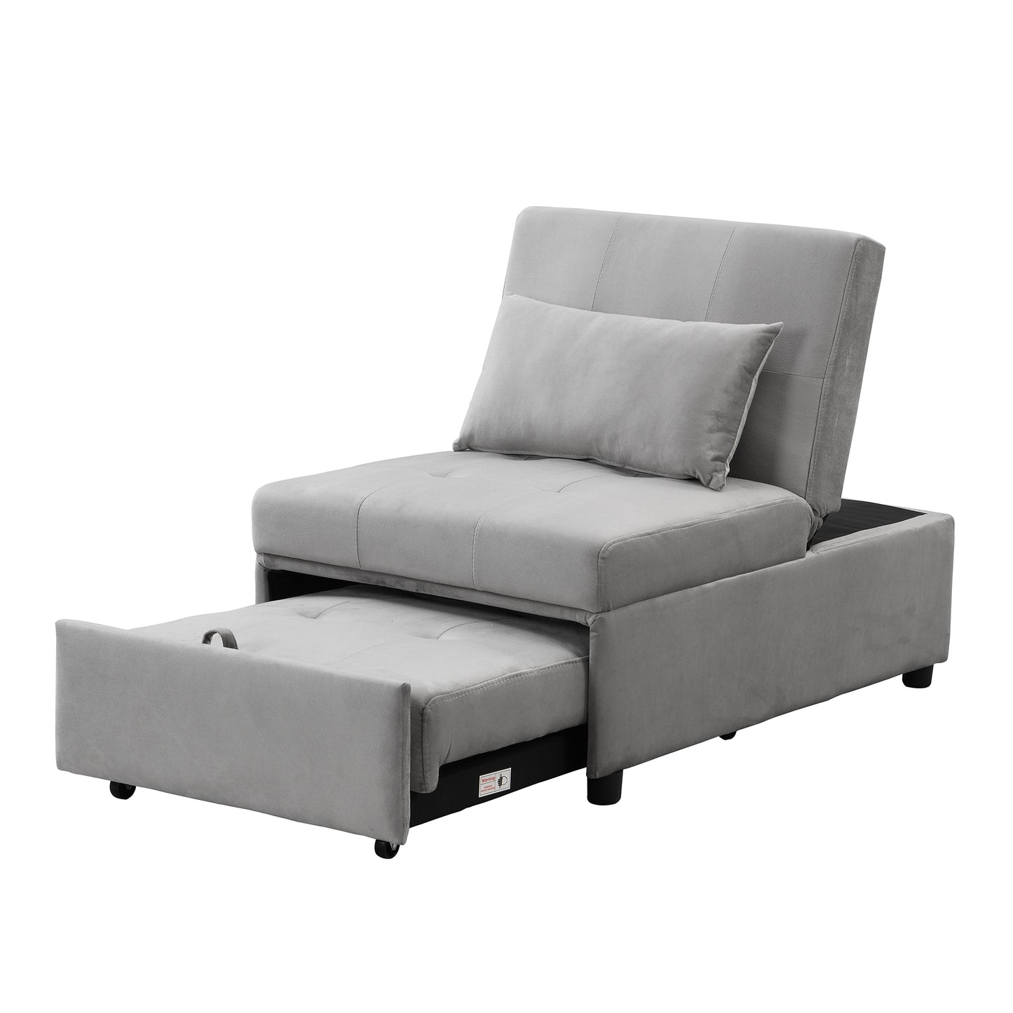 Grey fabric sleeper sofa with pullout bed and storage ottoman perfect for small spaces