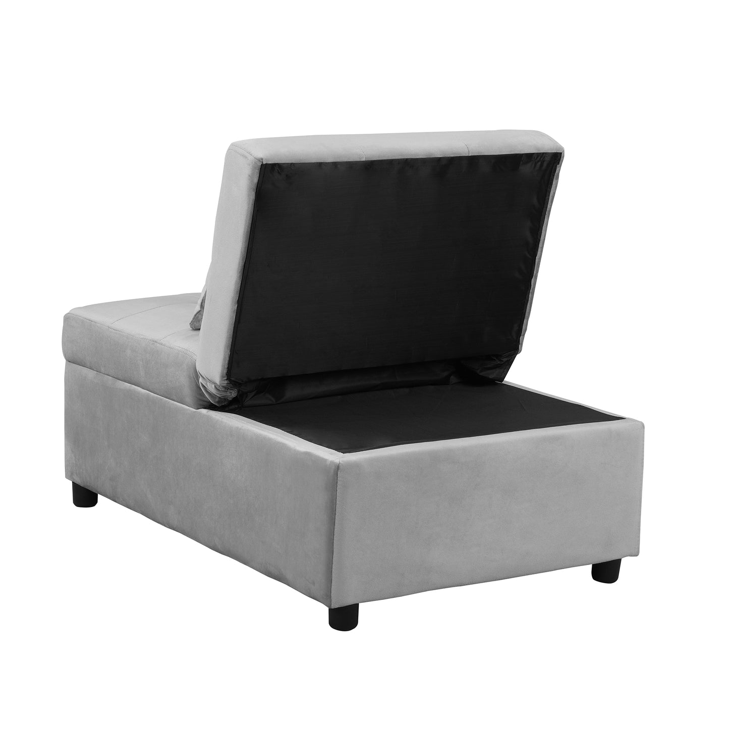 Light gray velvet ottoman with hidden storage and adjustable backrest