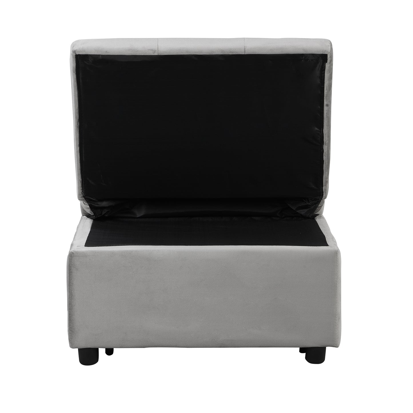 Grey velvet storage ottoman with open lid revealing black interior lining