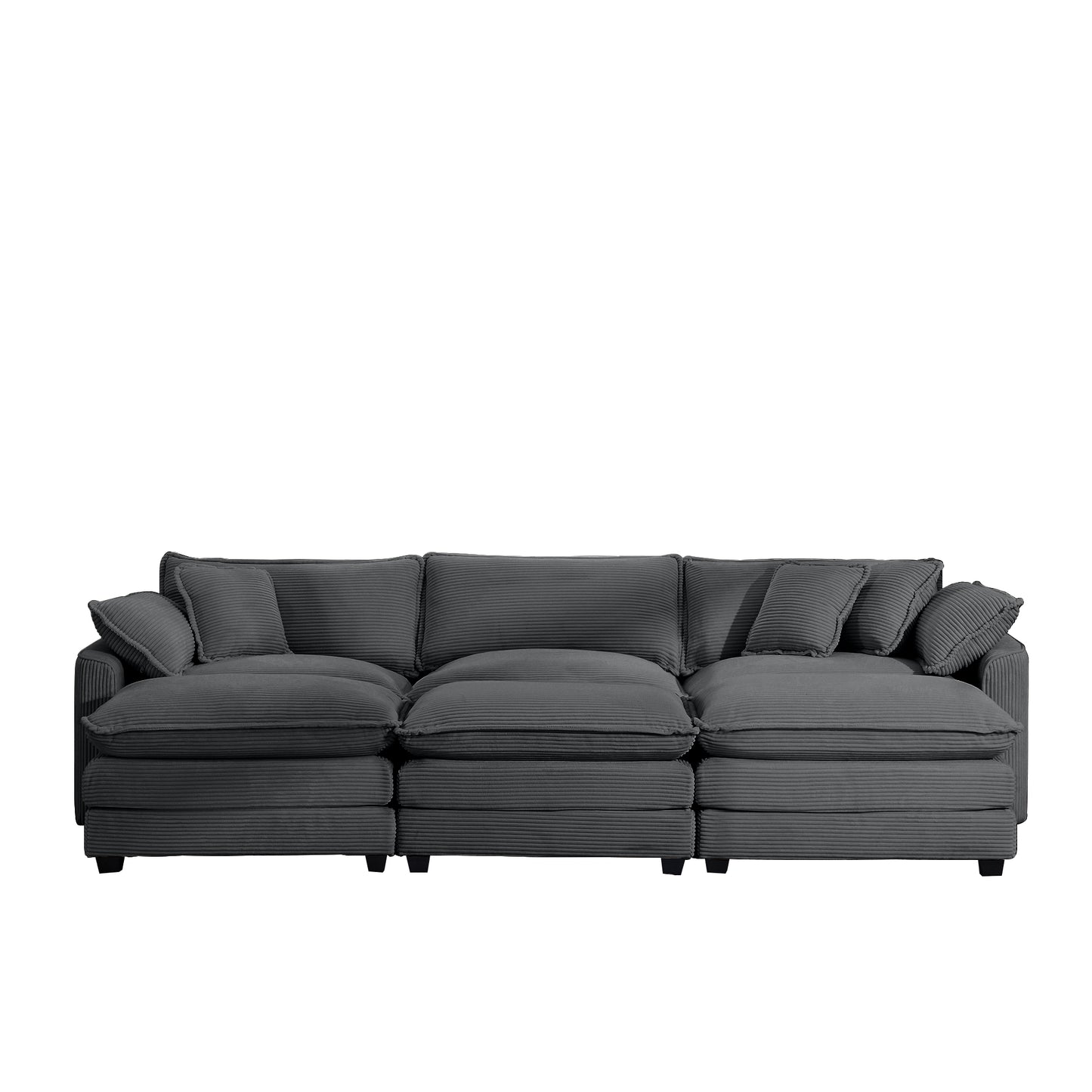 Plush charcoal grey corduroy sectional sofa with deep seating and lumbar cushions for ultimate comfort