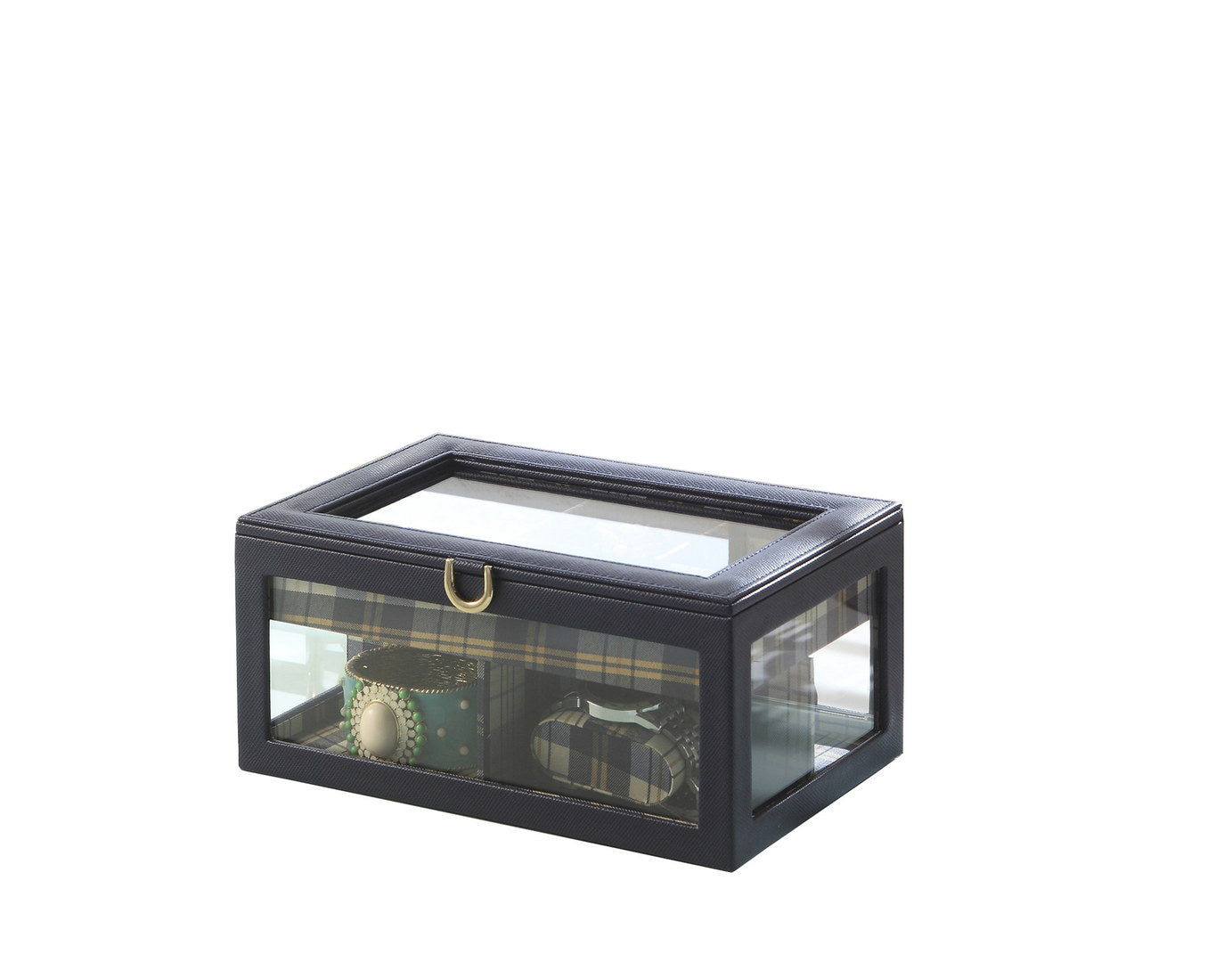Dark blue leather watch box with clear glass lid and sides displaying tartan patterned watches