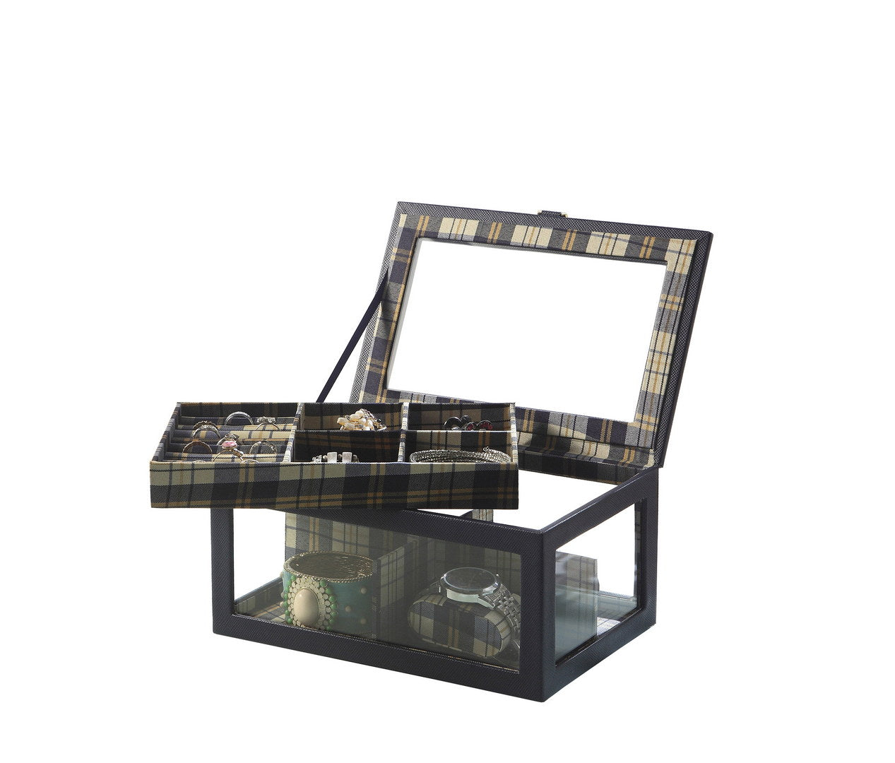 Stylish Glass and Leather Jewelry Case with Watch Display, Blue