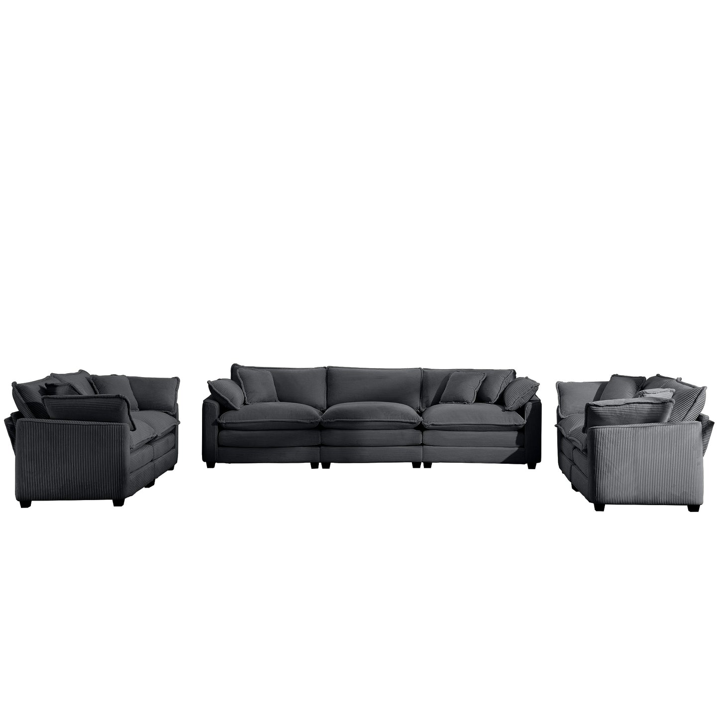 Gray corduroy sectional sofa with plush cushions and accent pillows