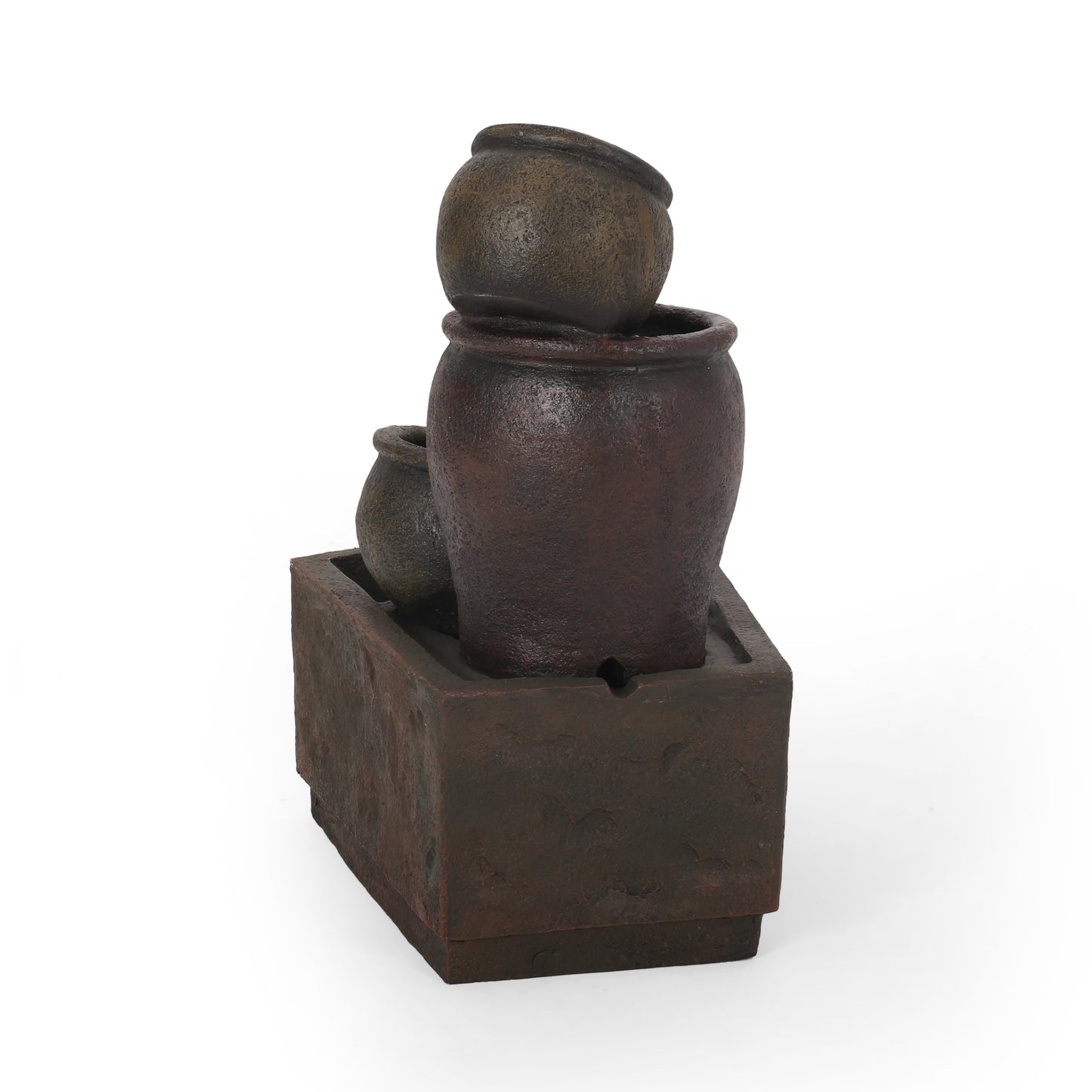 Rustic tiered garden fountain with dark brown pots and stone base