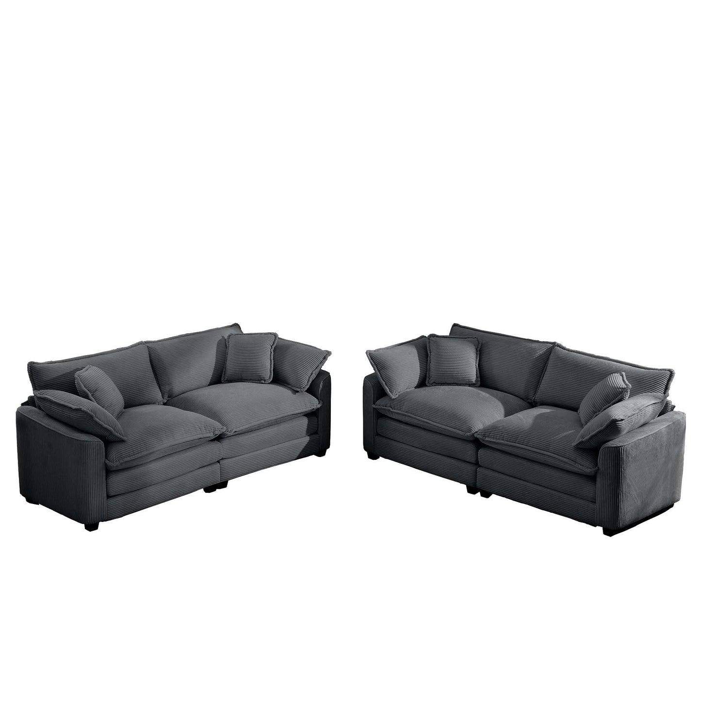 Plush dark grey corduroy sectional sofa with multiple throw pillows for living room comfort