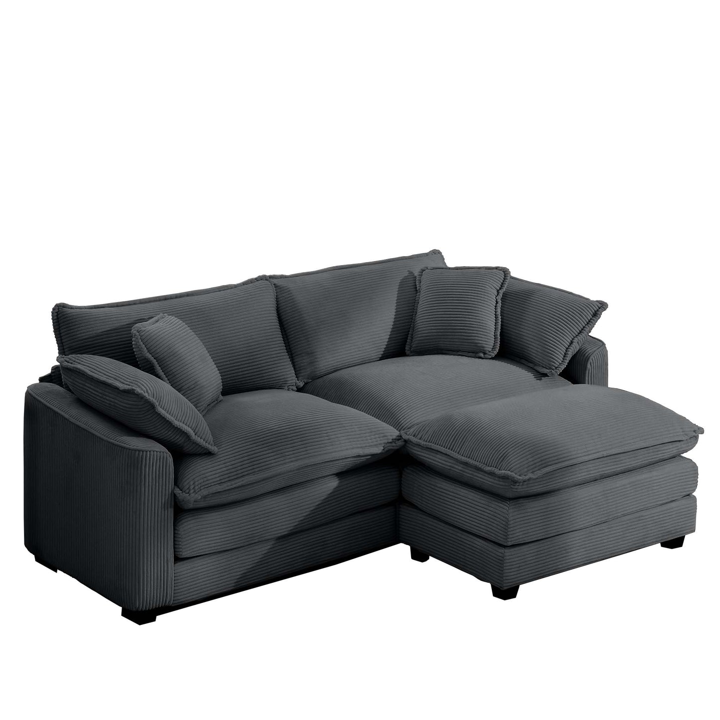 Plush charcoal corduroy sectional sofa with deep seats and multiple throw pillows