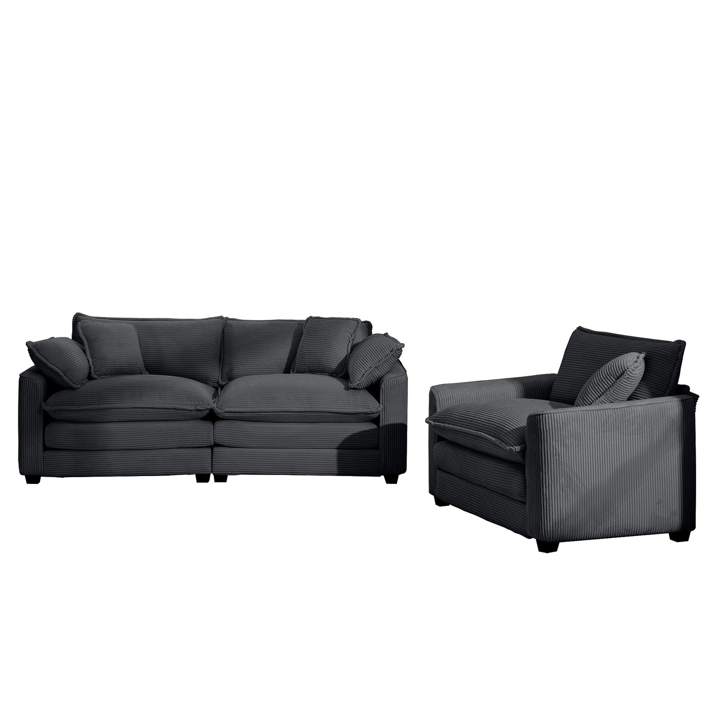 Dark grey corduroy sofa and armchair set with plush cushions for a modern living room