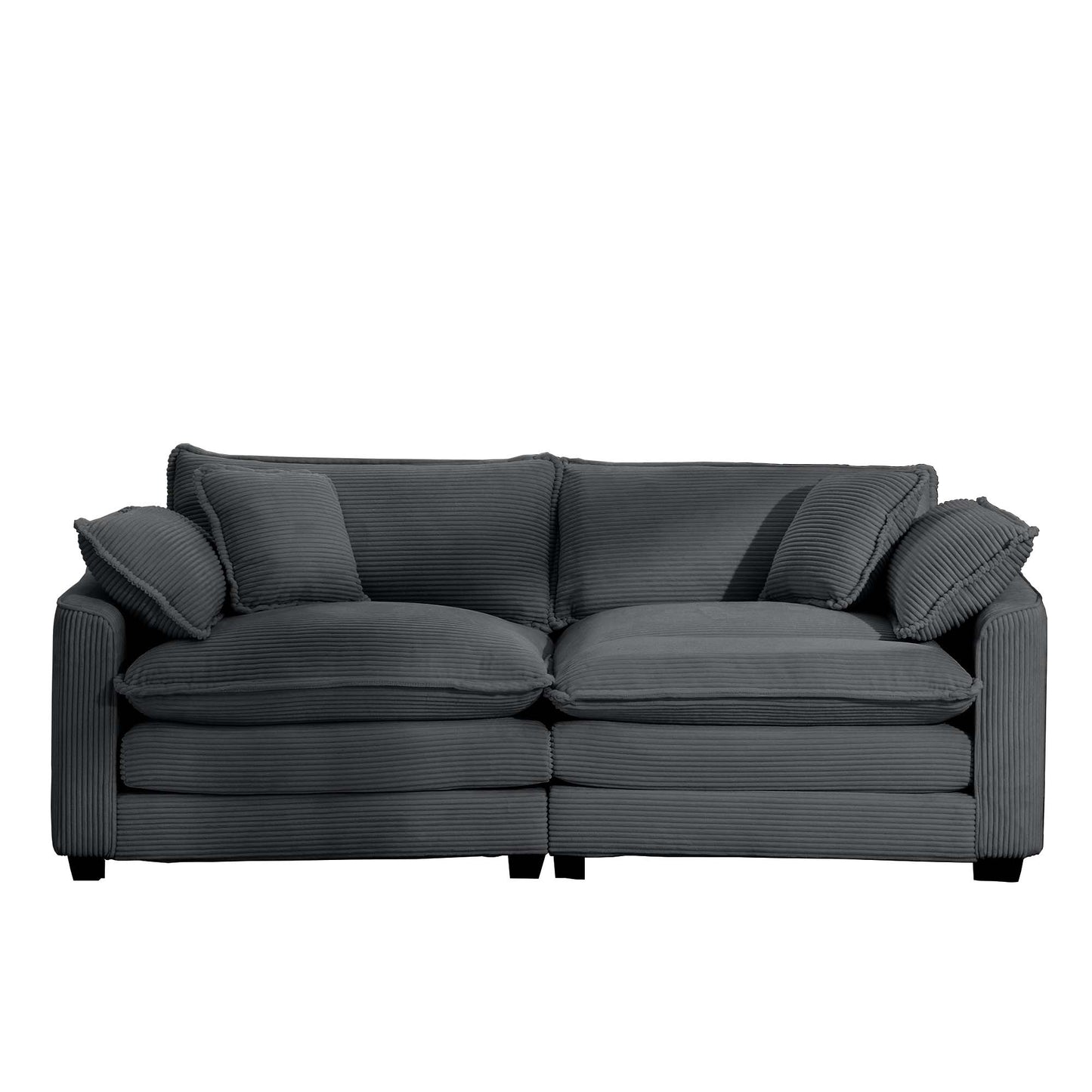 Charcoal grey corduroy sofa with plush seat cushions and matching throw pillows