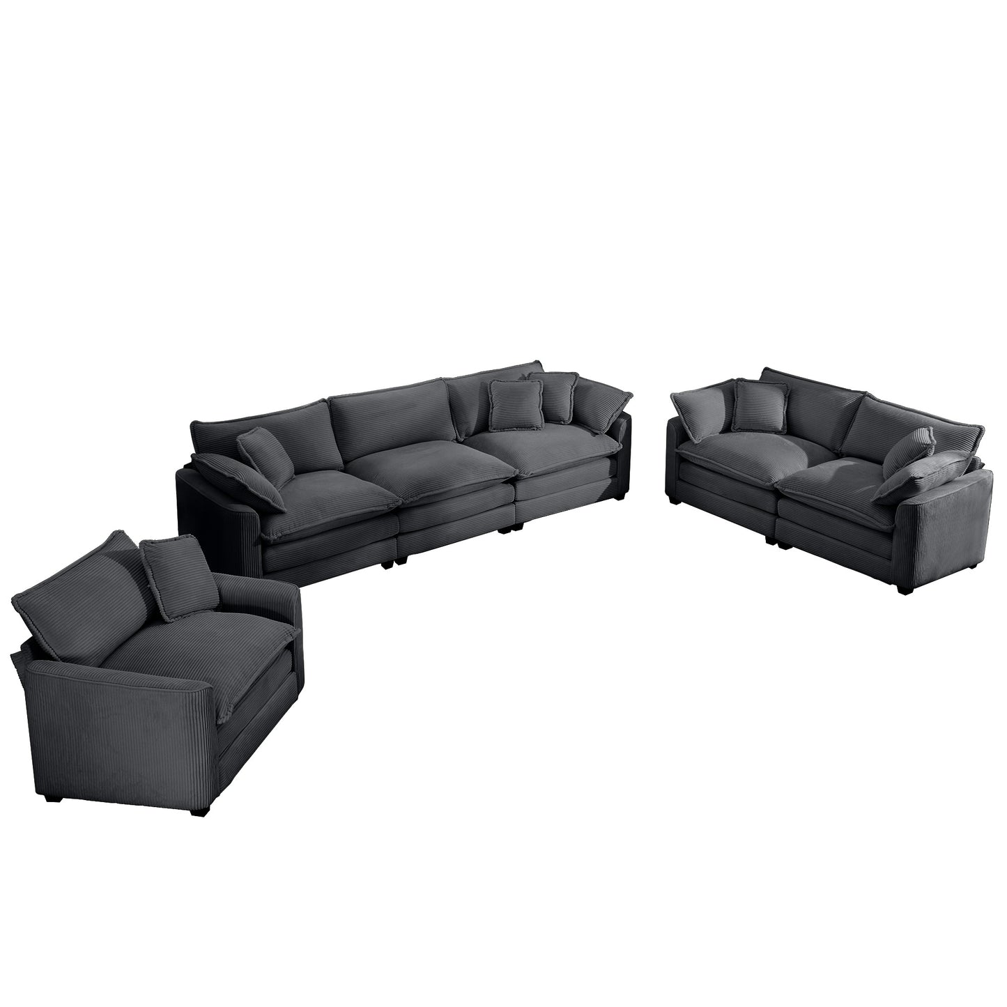Modular charcoal corduroy sofa set with plush cushions and matching armchair