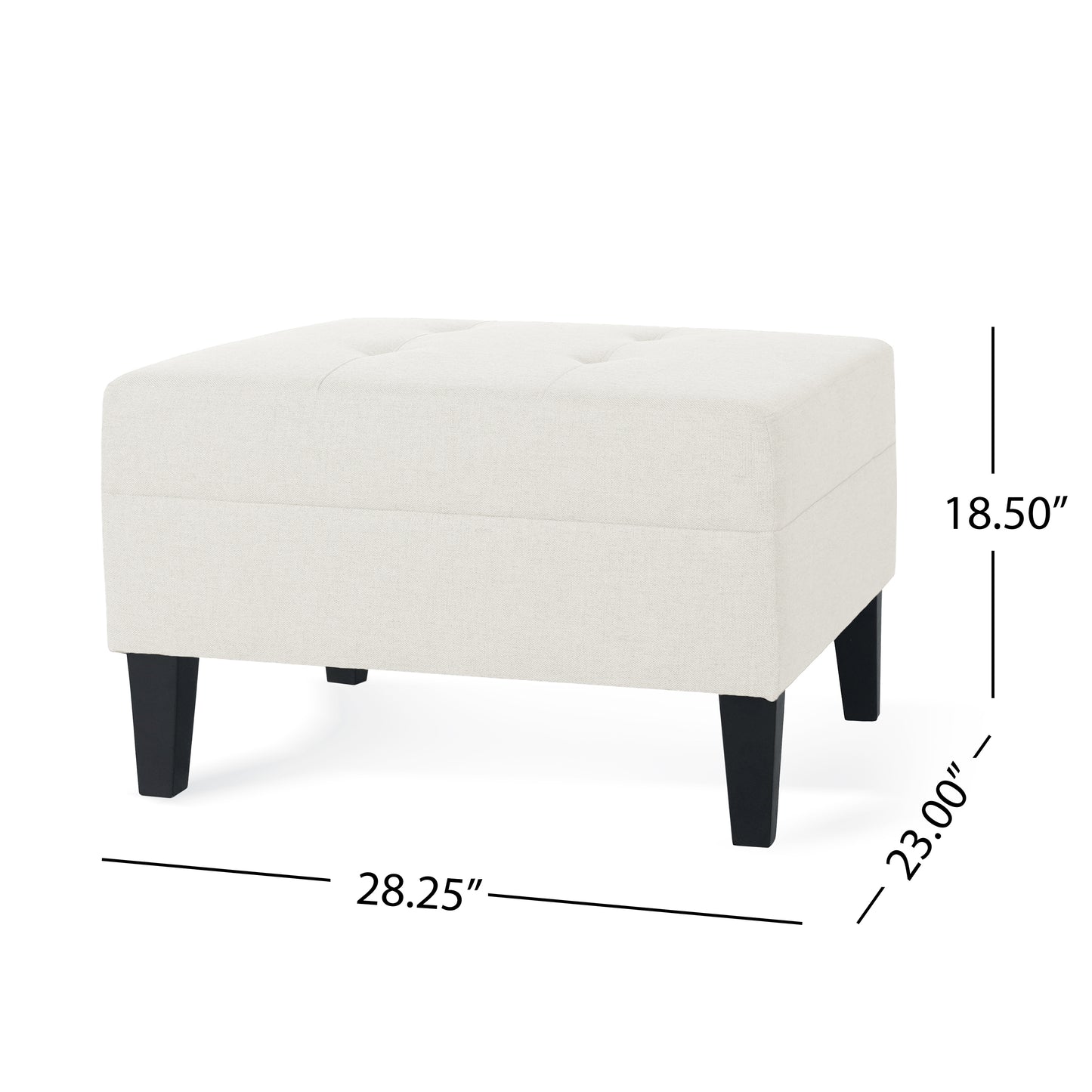 Tufted ivory fabric ottoman with dark wood legs W x H