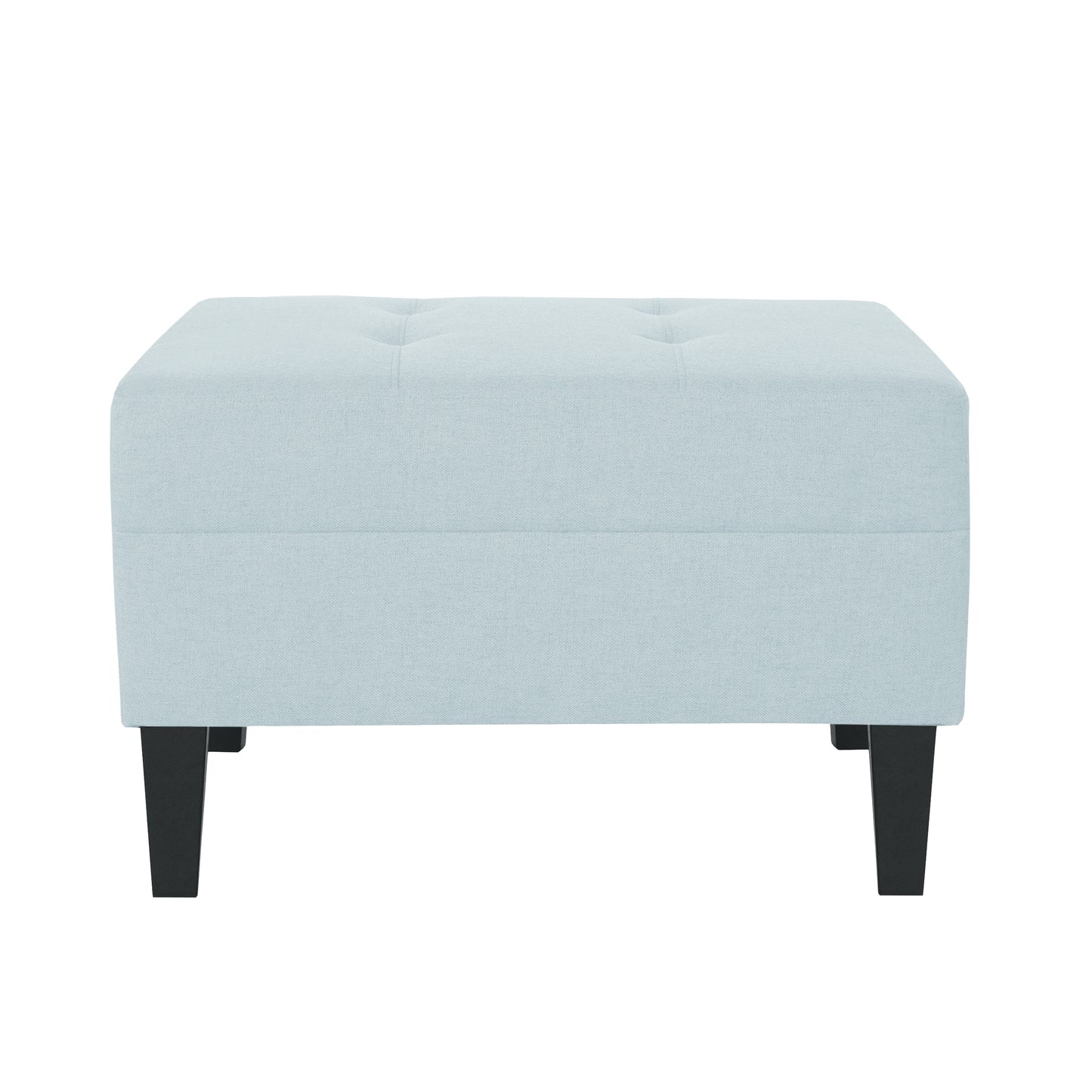 Light blue tufted fabric ottoman with black wooden legs a versatile accent piece