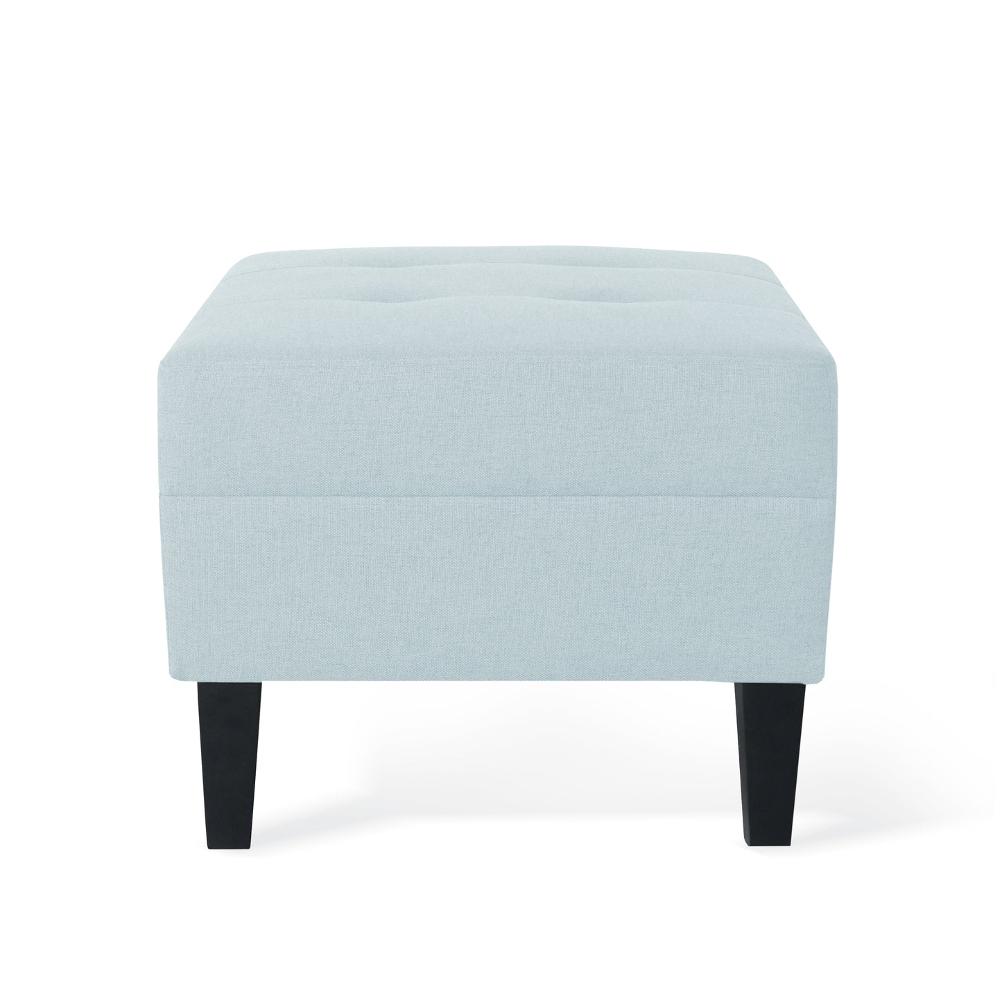 Light blue tufted fabric ottoman with black wooden legs perfect for footrest
