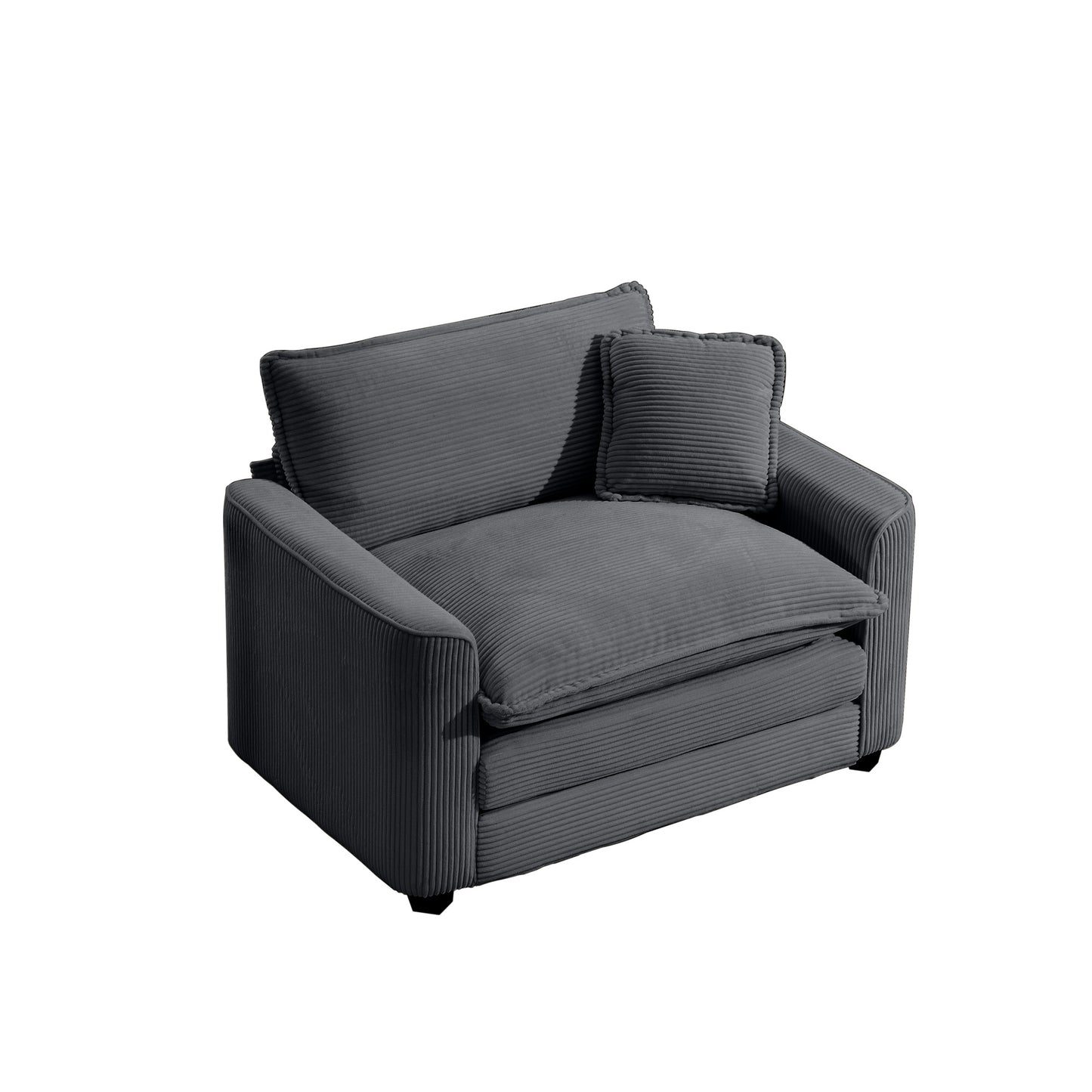 Plush grey corduroy armchair with deep seat and accent cushion perfect for cozy living rooms