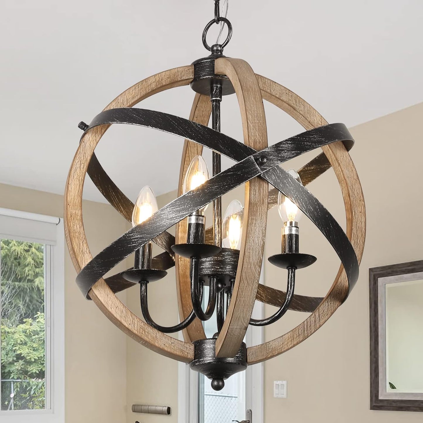 Rustic orb chandelier with weathered wood and black metal finish light fixture