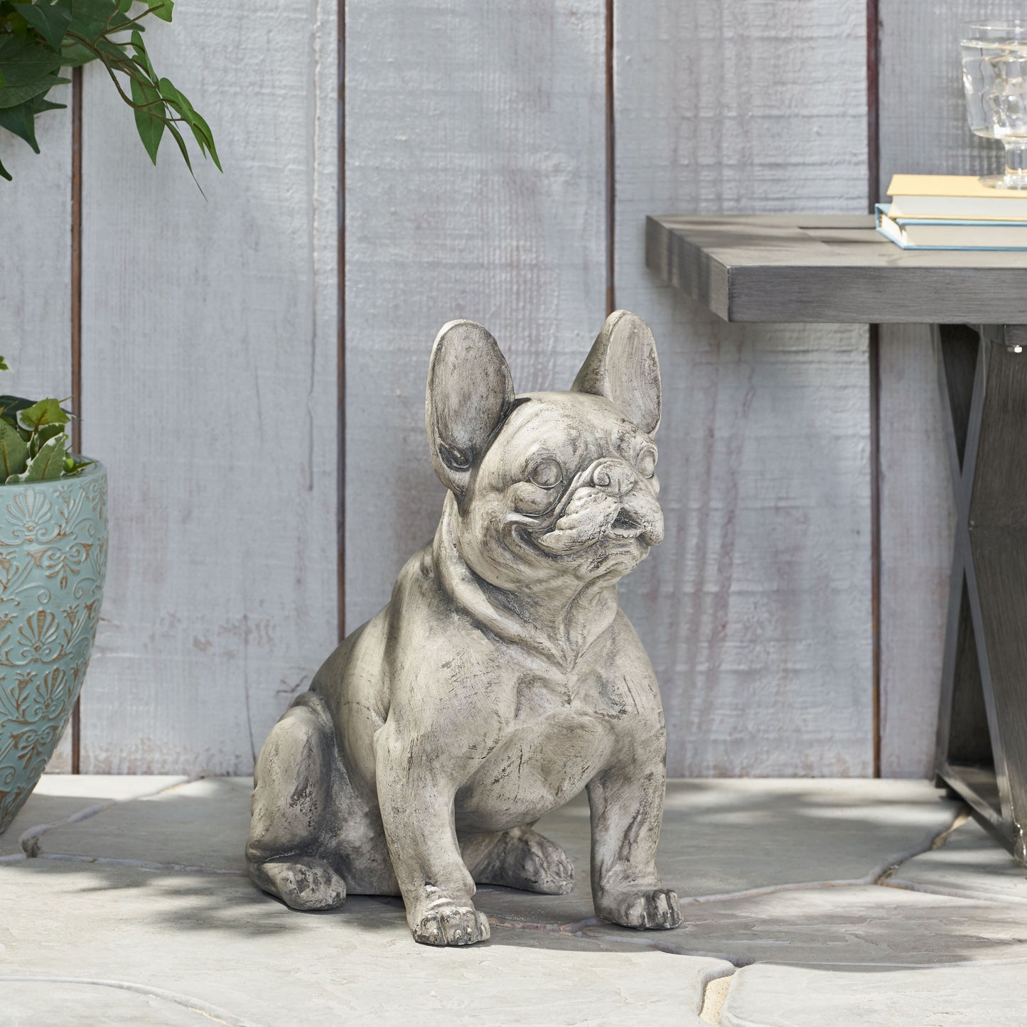 Weathered grey concrete French Bulldog statue ideal for garden or patio decor