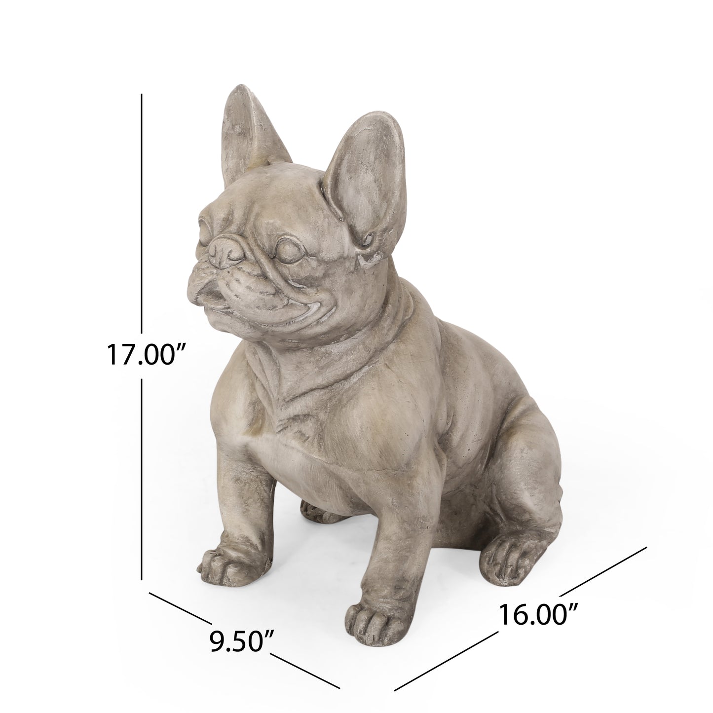 Gray concrete French bulldog garden statue with visible dimensions H x W x D
