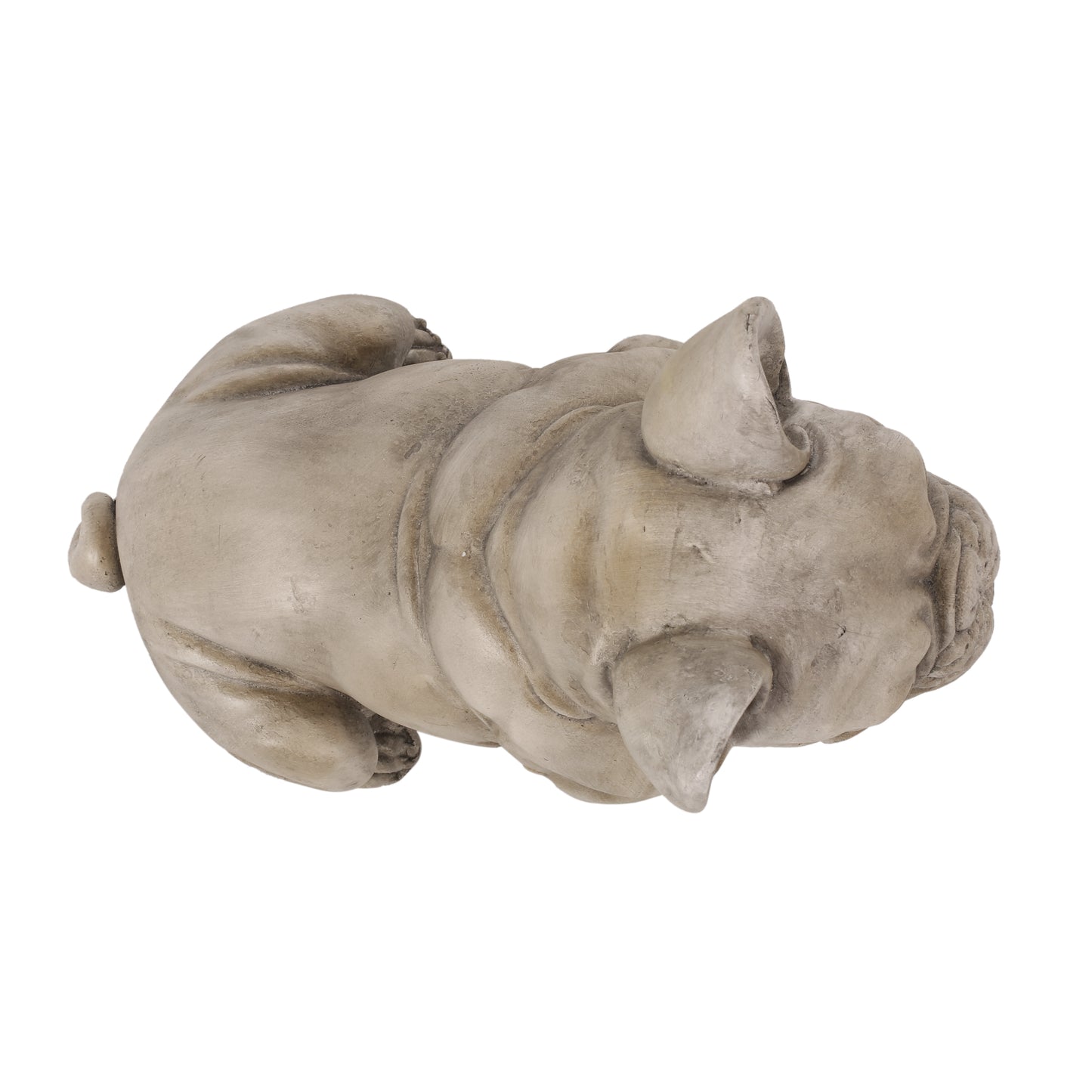 Weathered concrete bulldog statue lying down with head turned slightly garden decor