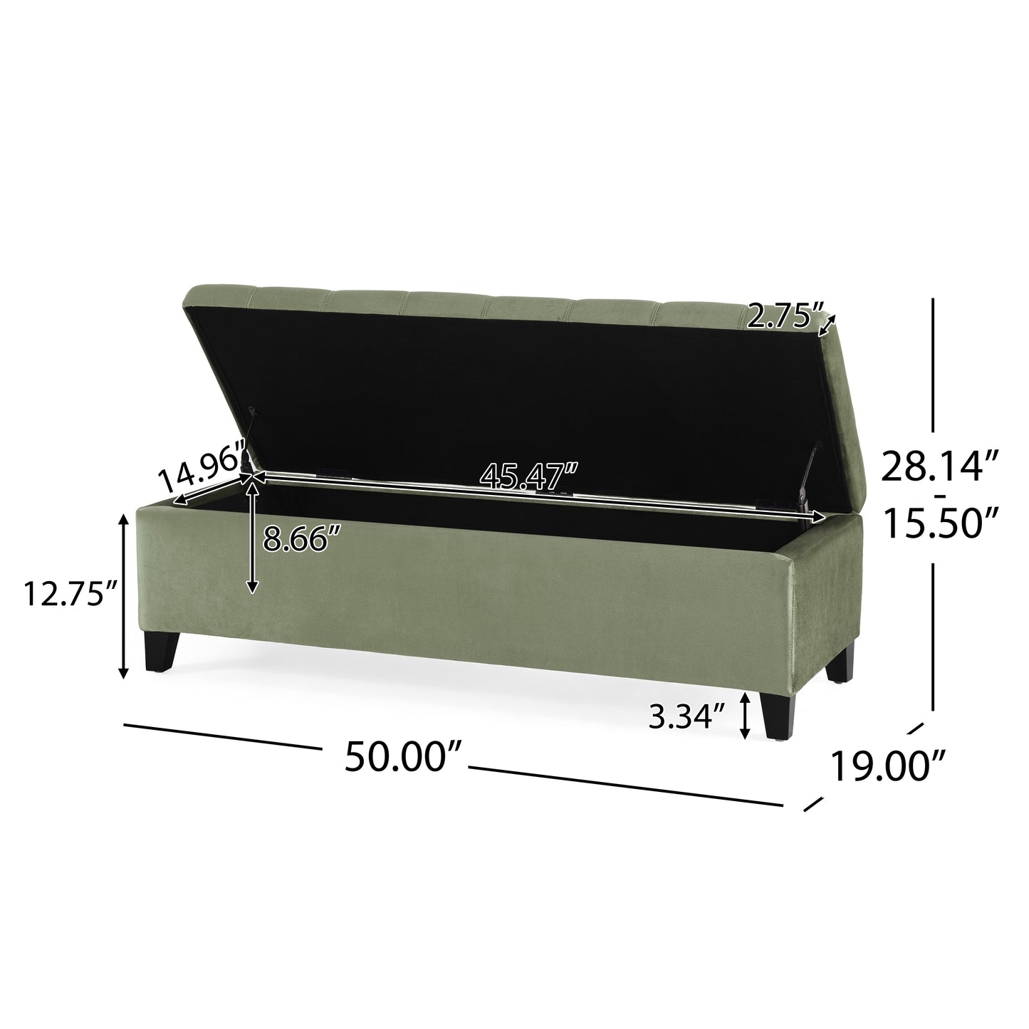 Sage green tufted storage bench with lid open revealing ample interior space