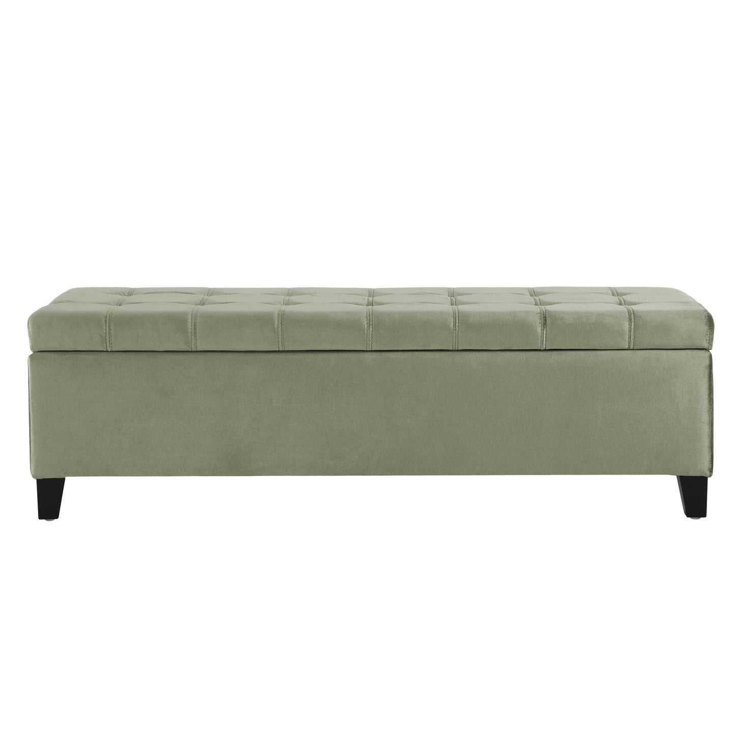 Sage green velvet storage ottoman with tufted top and dark wooden legs