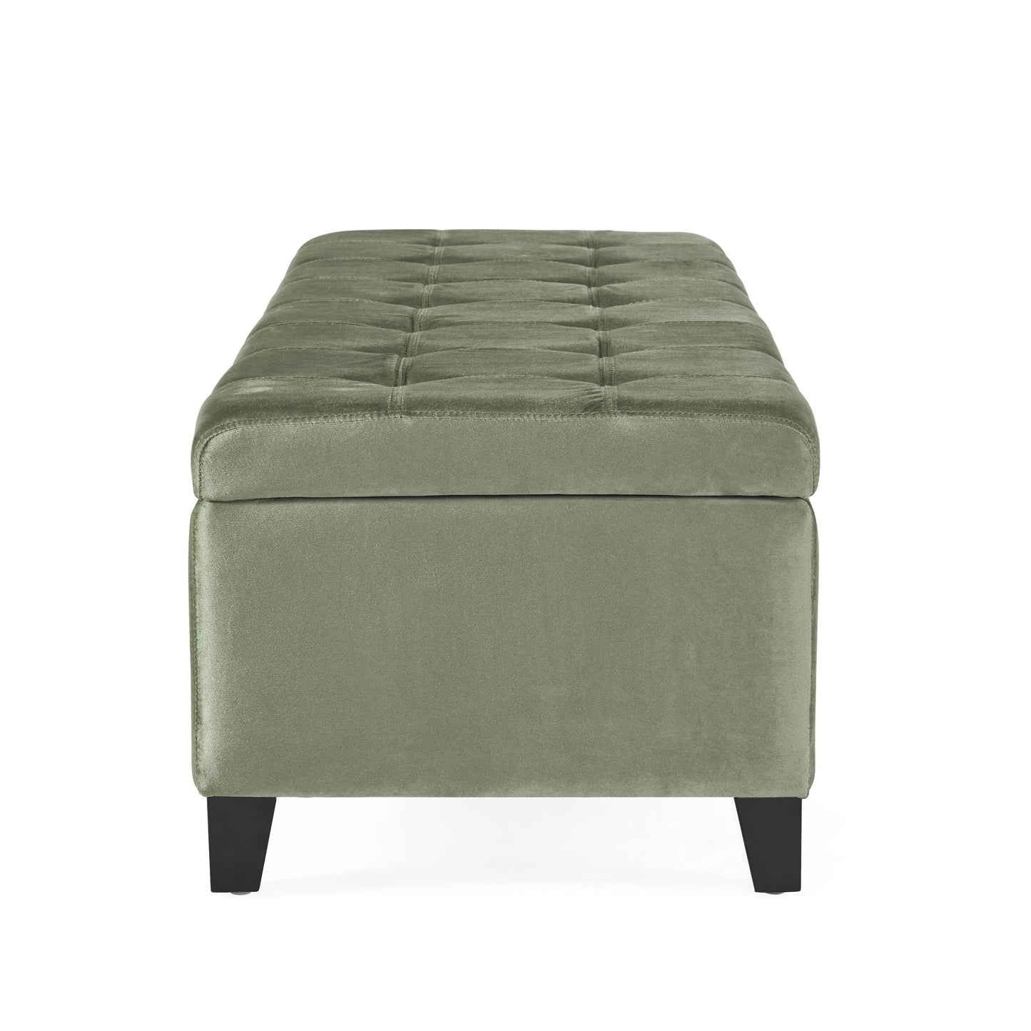 Sage green velvet storage ottoman with tufted lid and black tapered legs