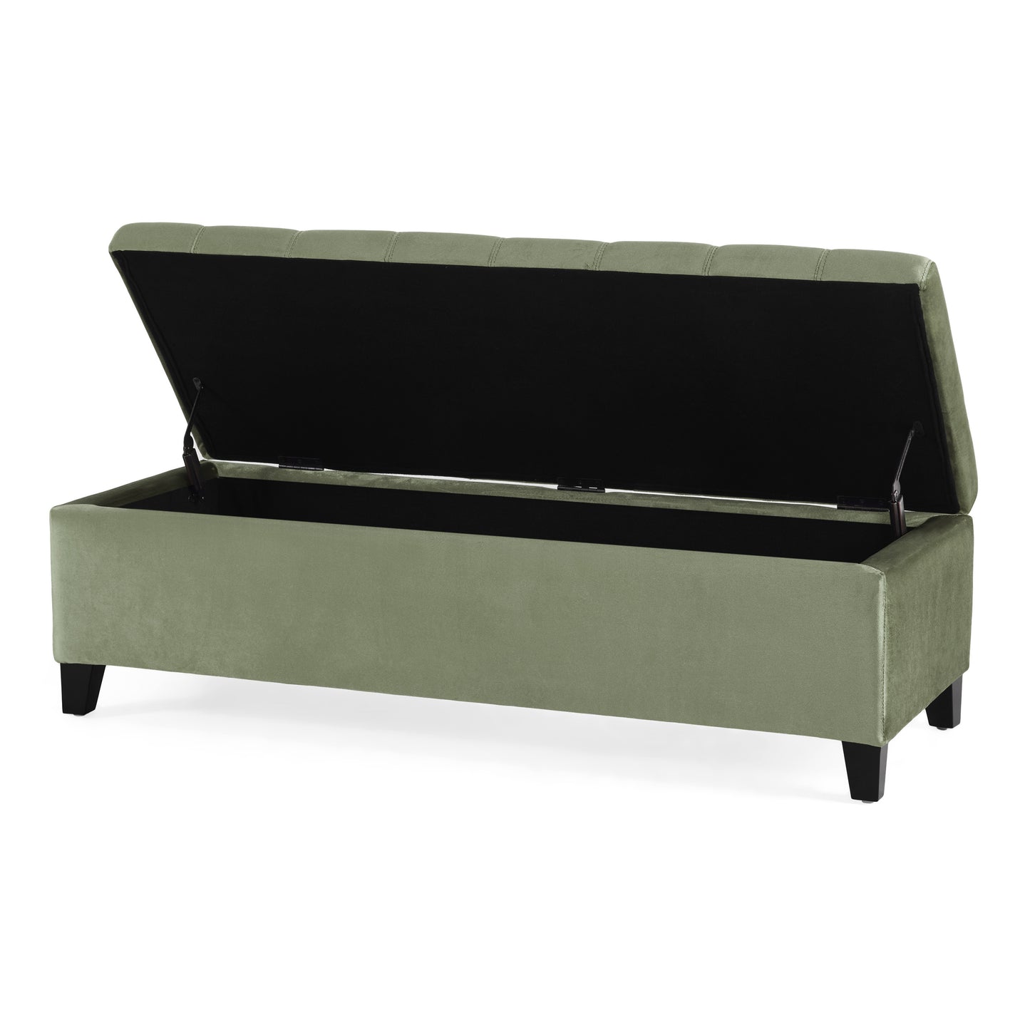Sage green velvet tufted storage bench with lid open
