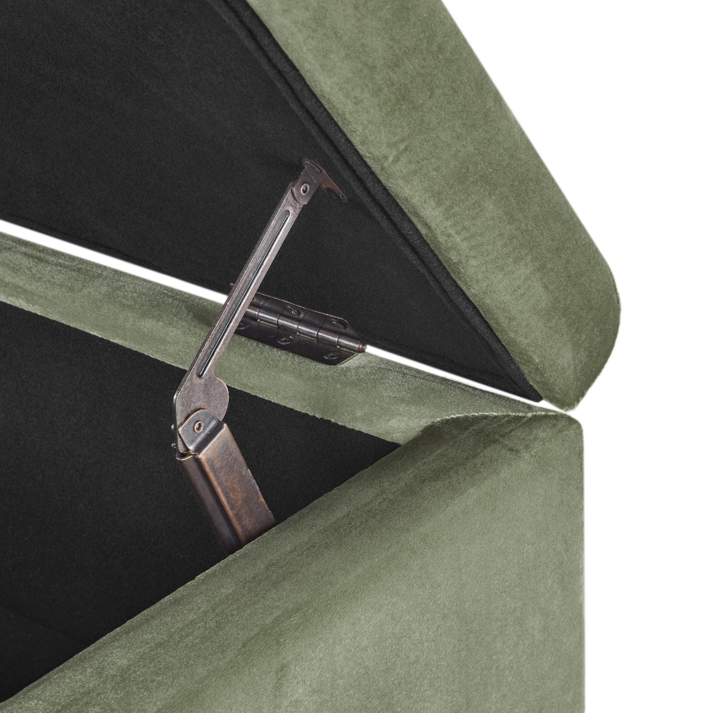 Sage green velvet storage ottoman with open lid and metal hinge