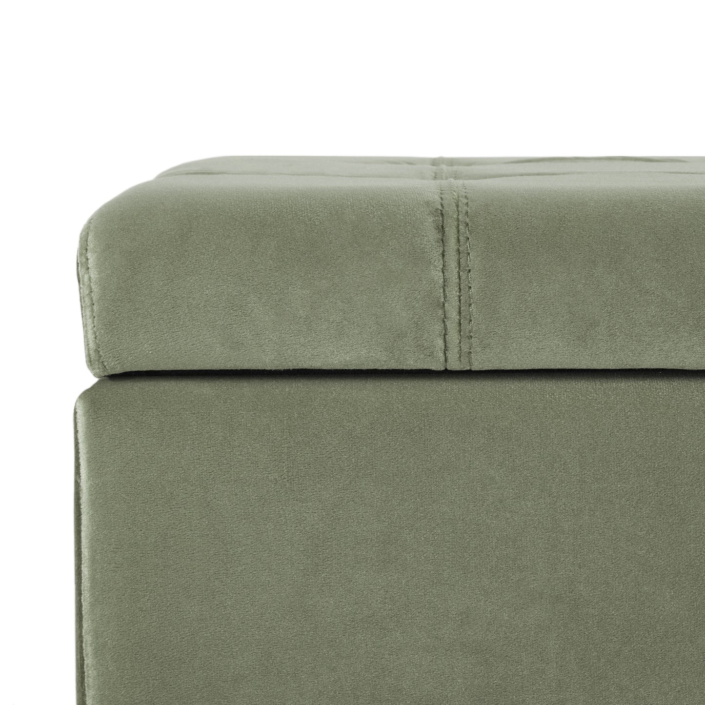 Sage green velvet storage ottoman with stitched top detail