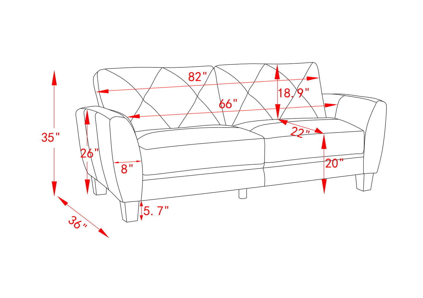 Line drawing of a modern sofa with dimensions W x D x H