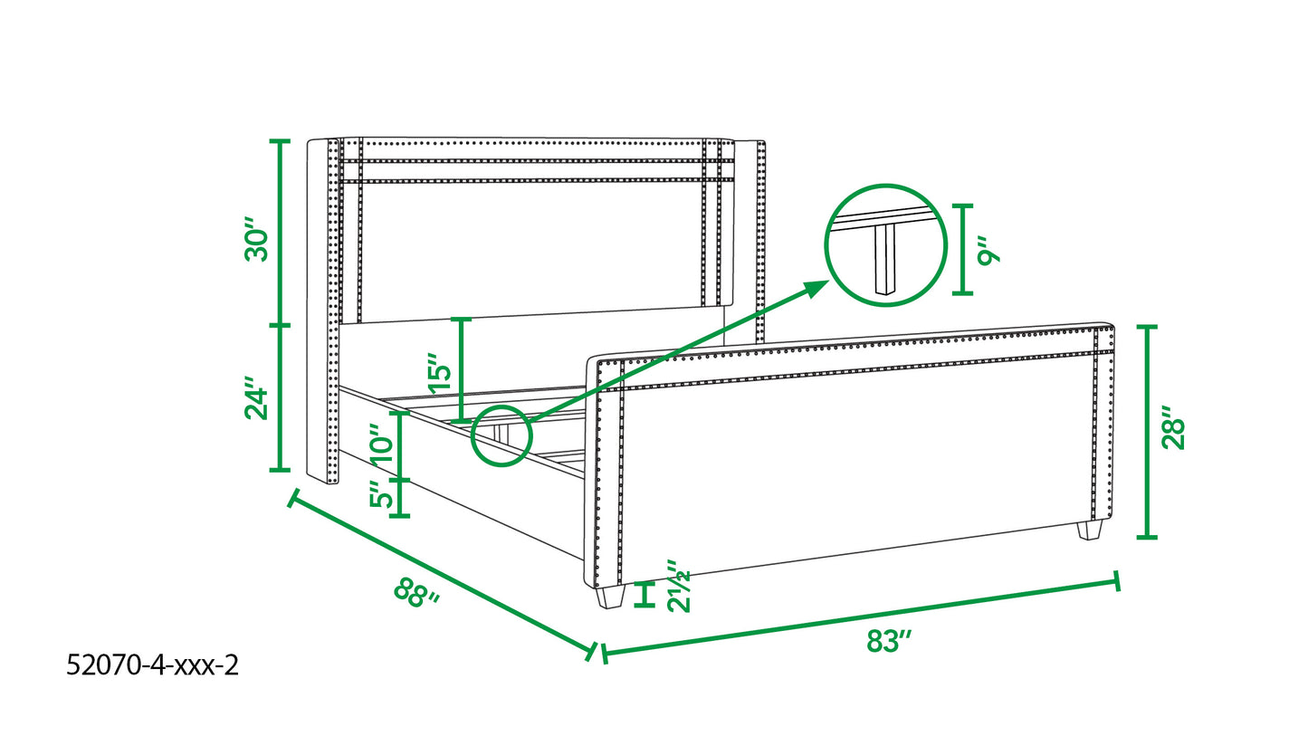 Detailed diagram of a tufted upholstered bed frame with dimensions