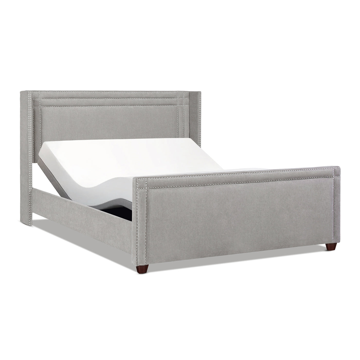 Gray upholstered bed frame with adjustable mattress base for ultimate comfort
