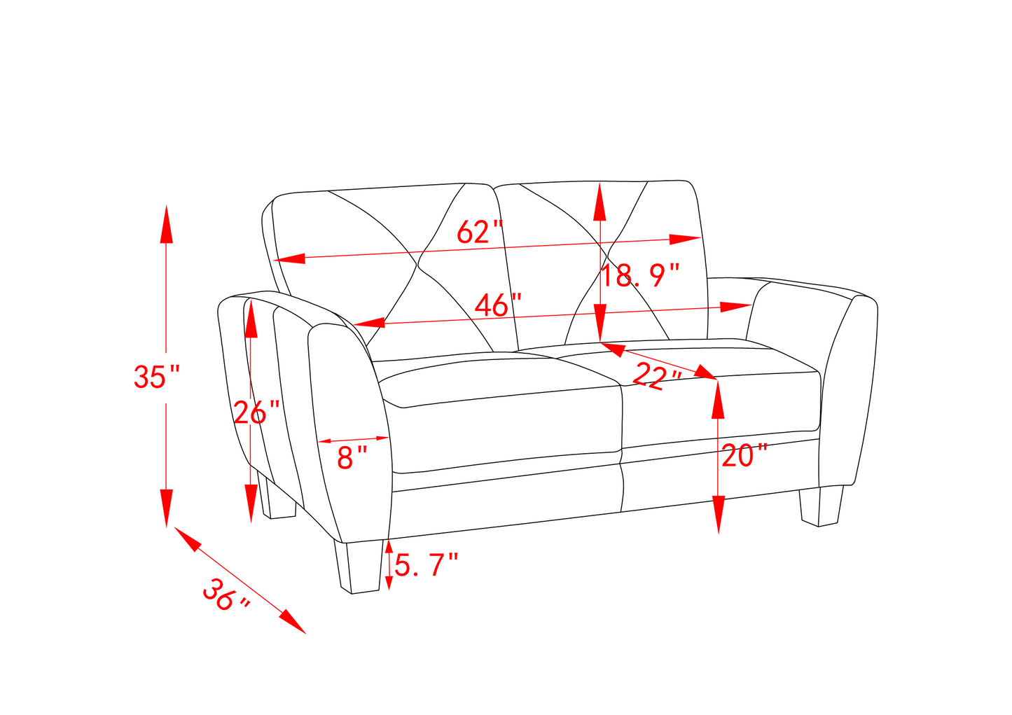 Line drawing of a modern loveseat inches wide with dimensions marked
