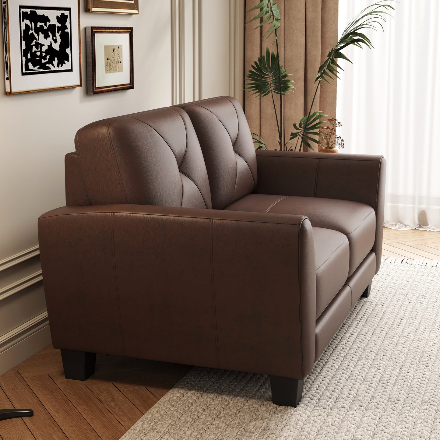Rich brown faux leather loveseat with diamond tufting on back cushions