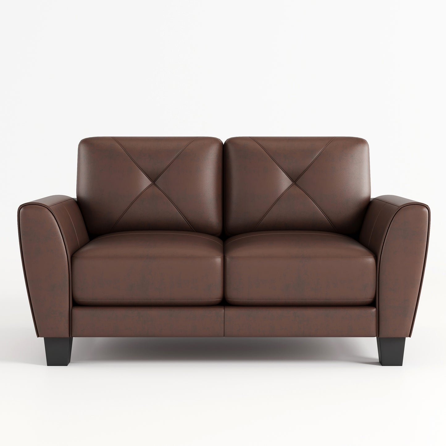 Tufted brown leather loveseat with diamond stitching and black block legs