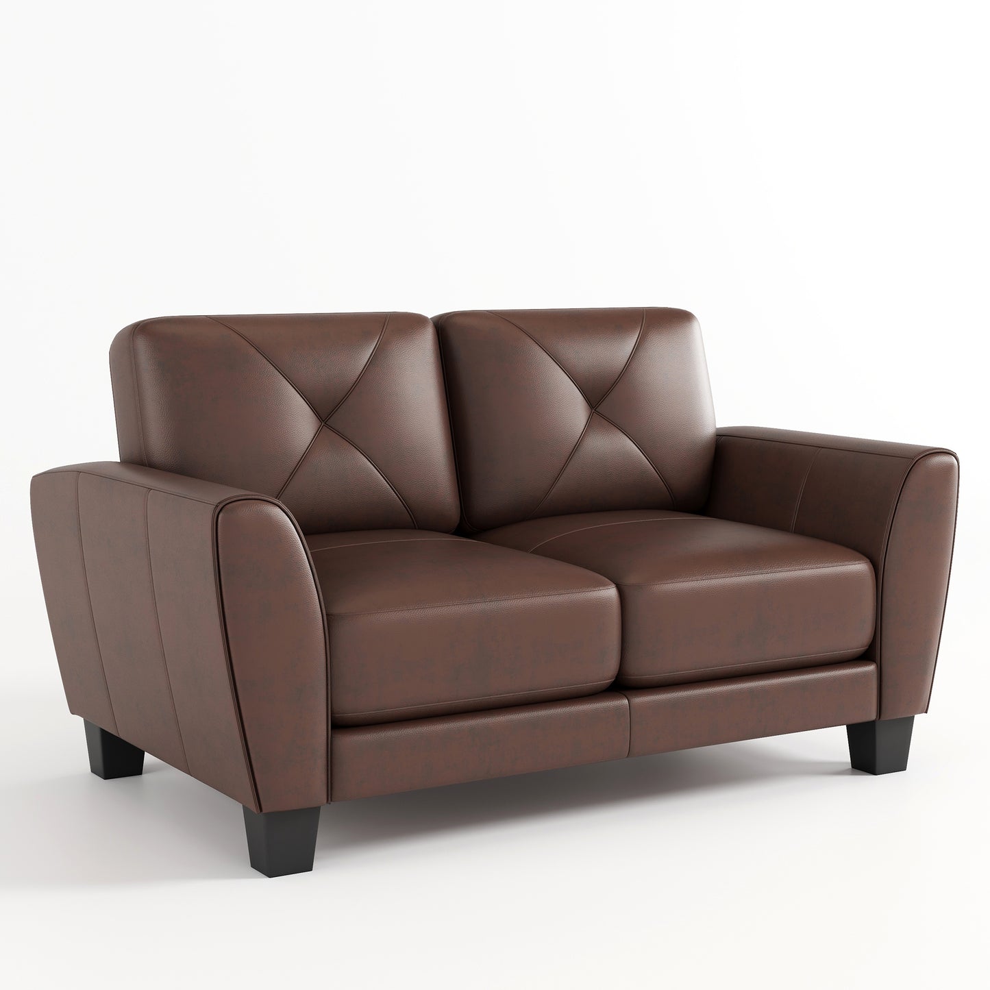 Brown leather loveseat with diamond tufting on the back cushions and square legs