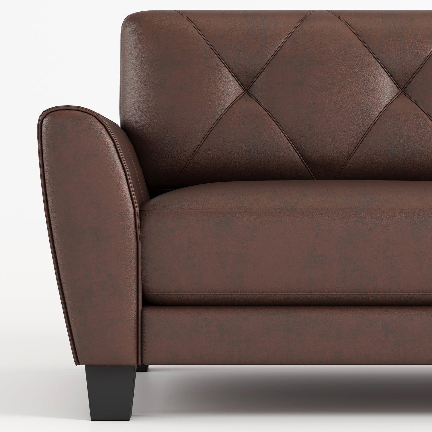 Brown leather tufted sofa with rolled armrest and dark wooden legs