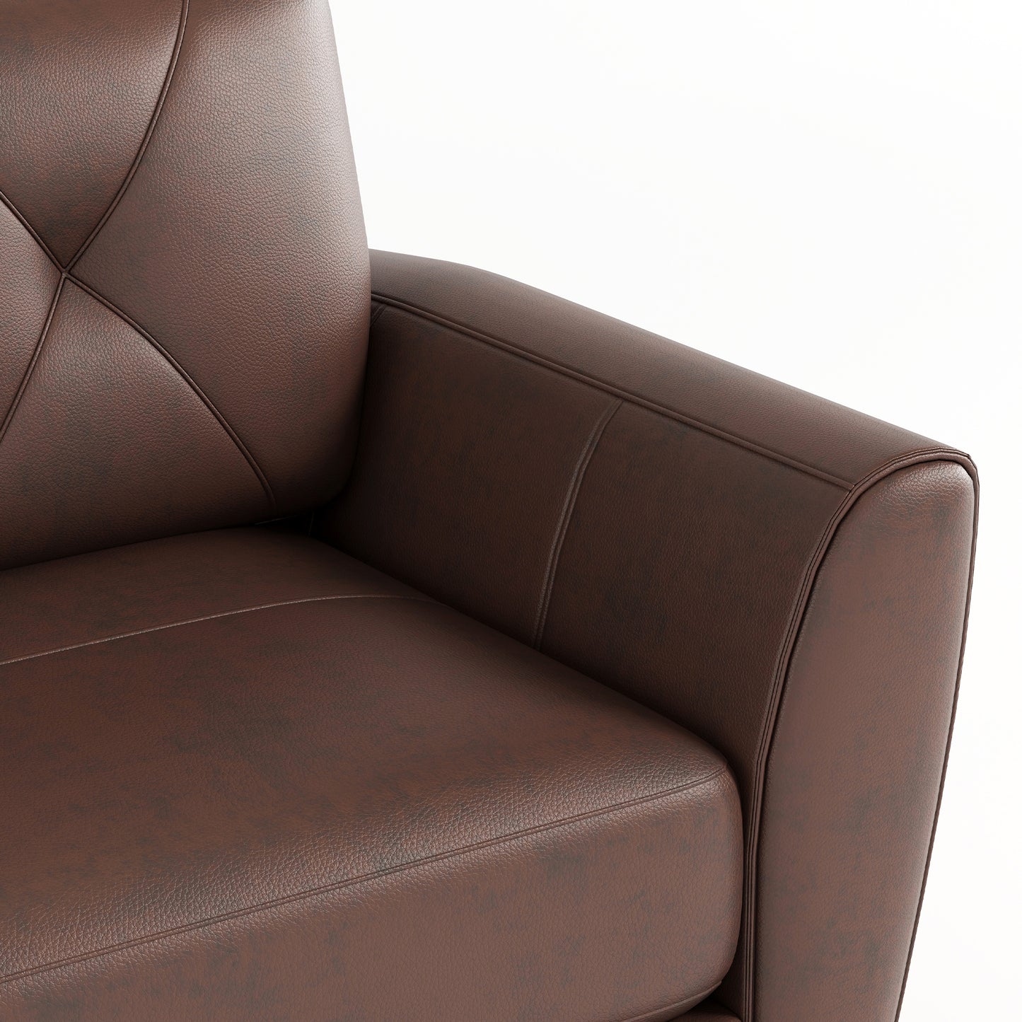 Brown leather sofa armrest with diamond tufting detail